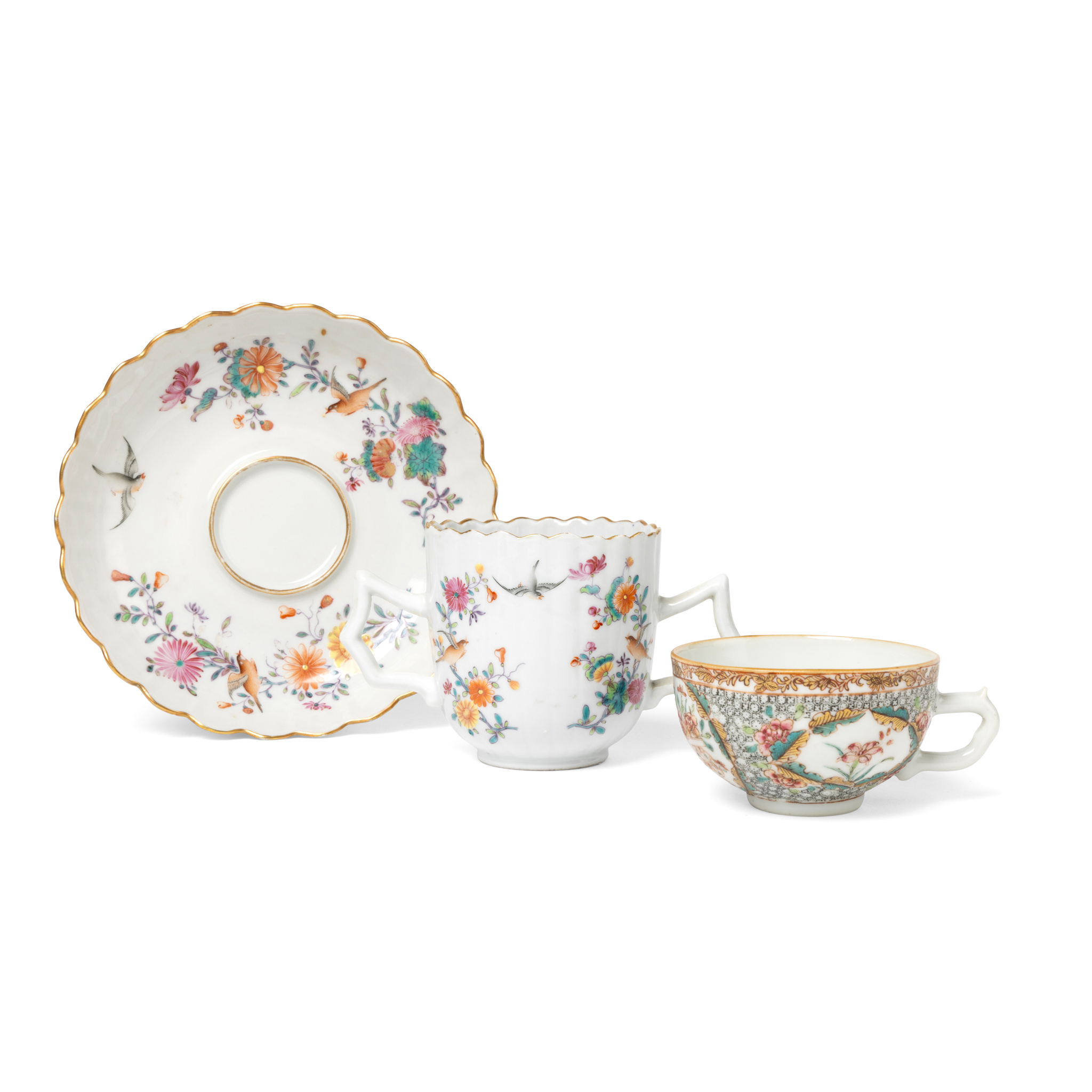 GROUP OF THREE EXPORT FAMILLE ROSE CUPS AND SAUCER
