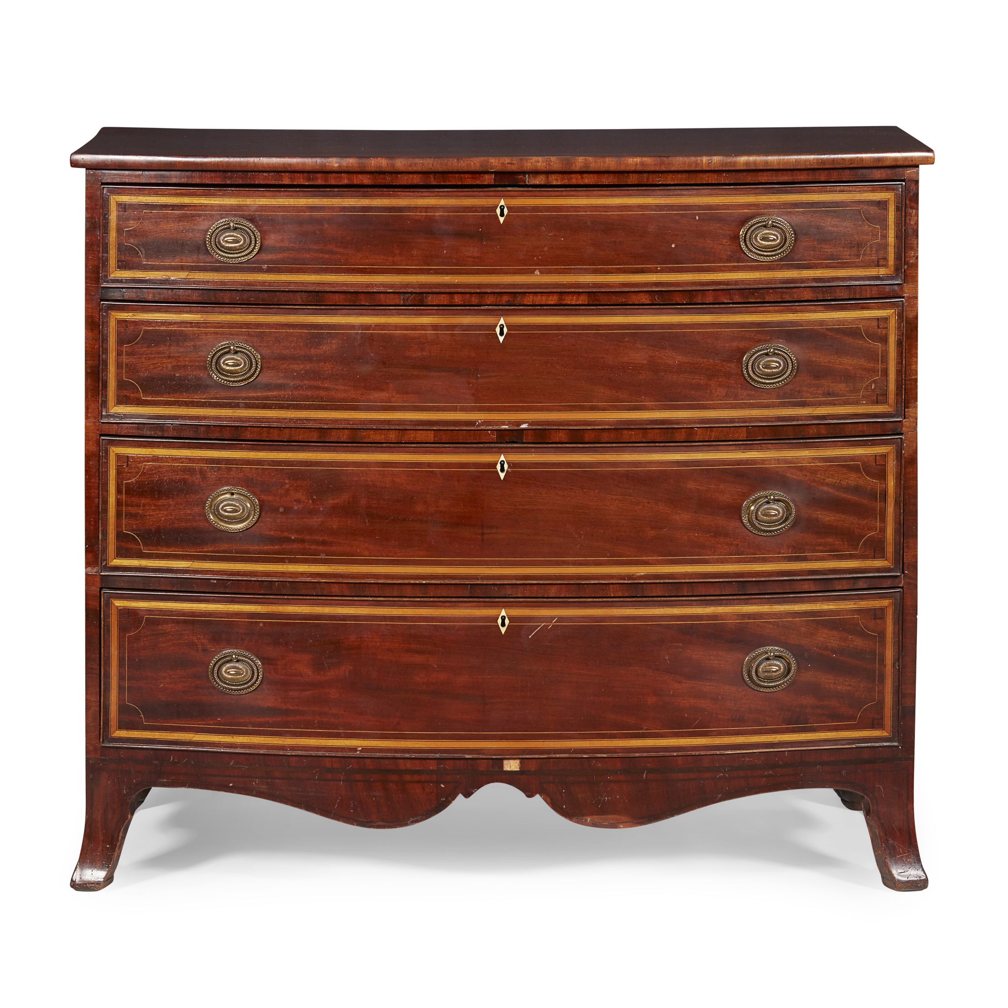 LATE GEORGE III MAHOGANY AND SATINWOOD BOWFRONT CHEST OF DRAWERS
