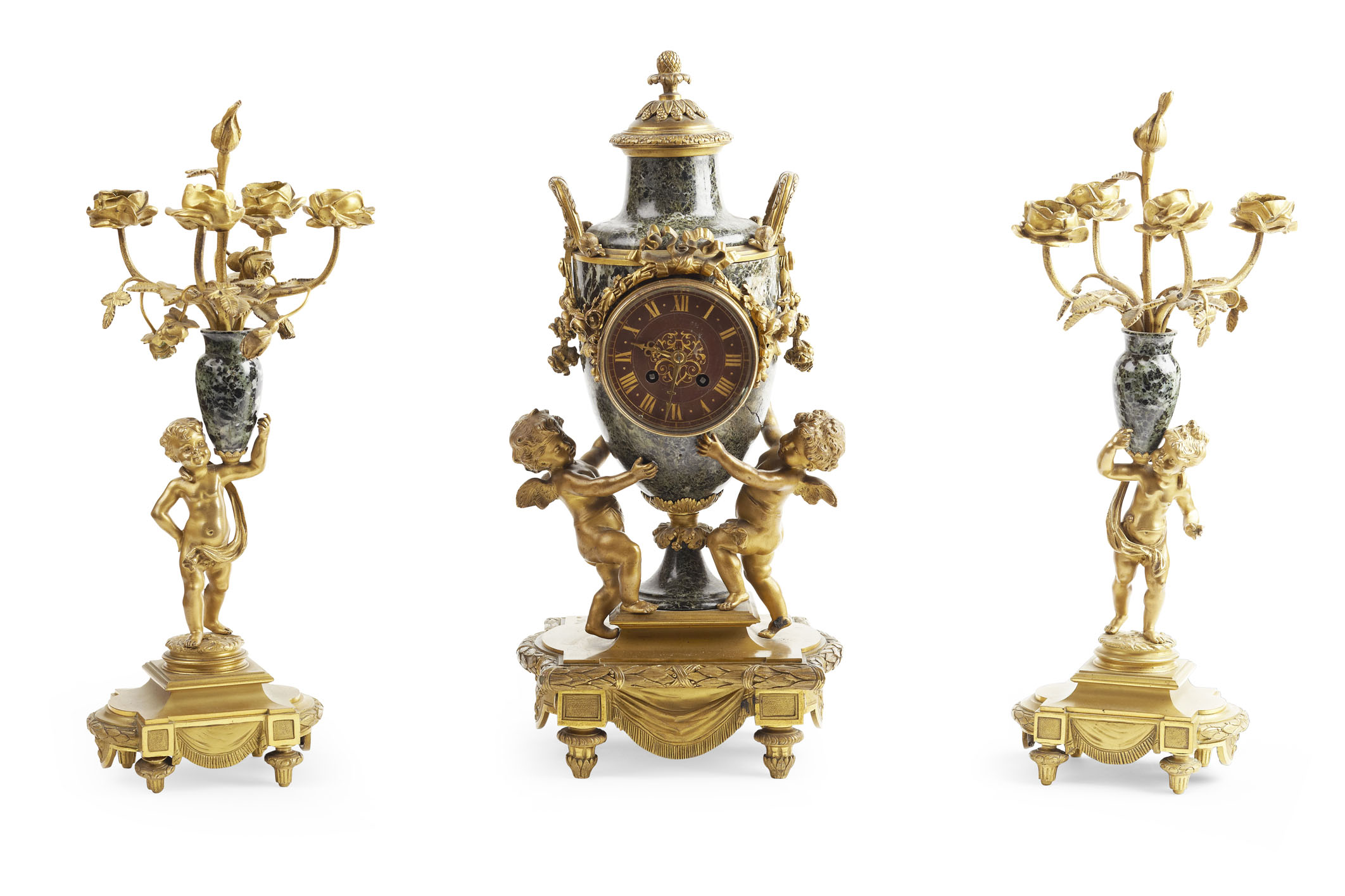 LOUIS XV STYLE GILT BROZE AND MARBLE CLOCK GARNITURE