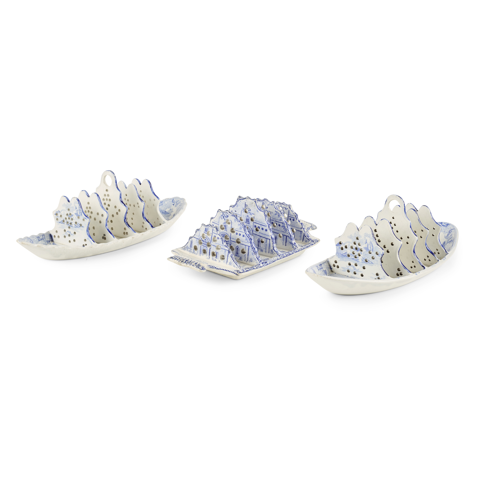 PAIR OF SPODE TRANSFER PRINTED TOAST RACKS, AND A HACKWOOD TOAST RACK