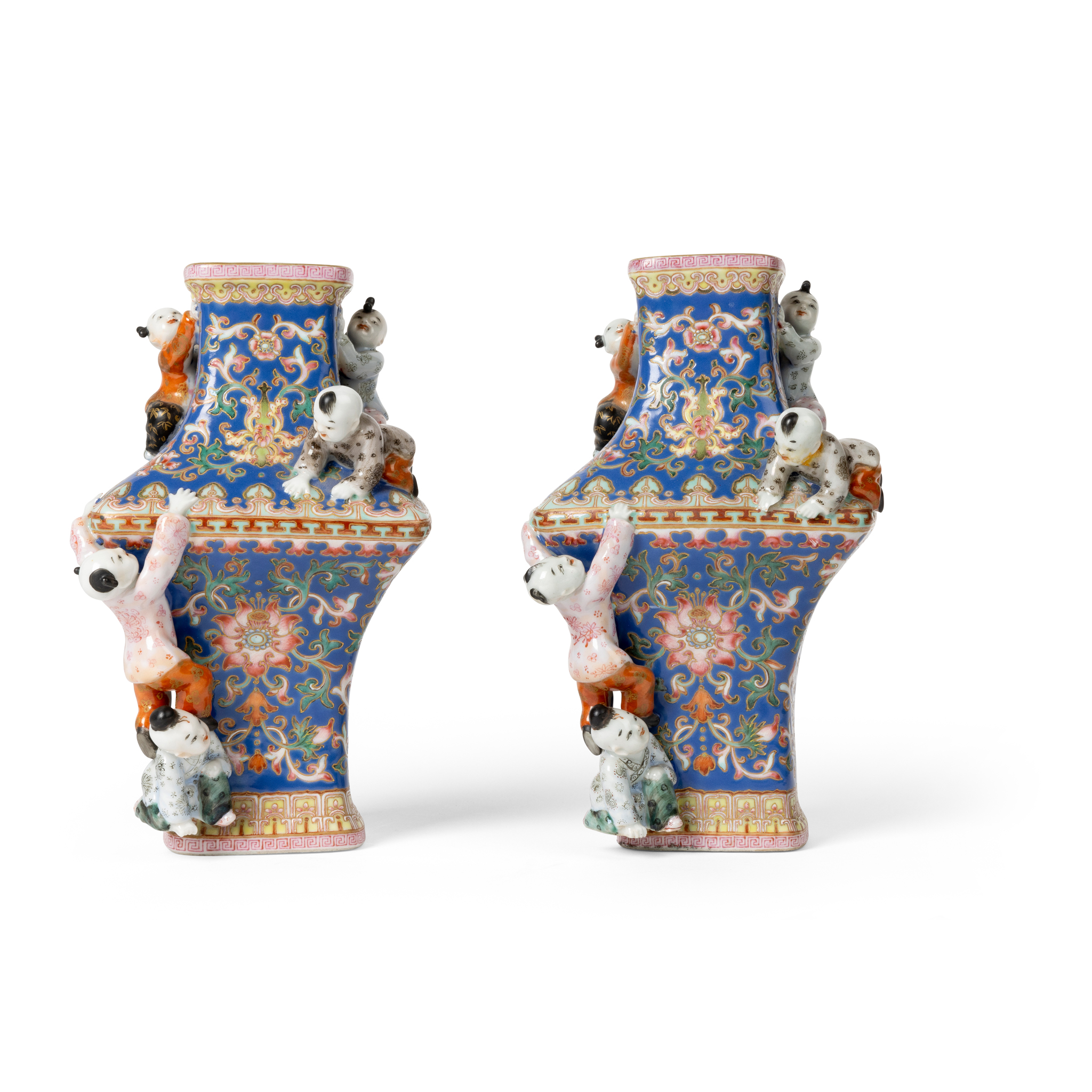 PAIR OF CHINESE FAMILLE ROSE BLUE-GROUND MOULDED 'FIVE BOYS' VASES