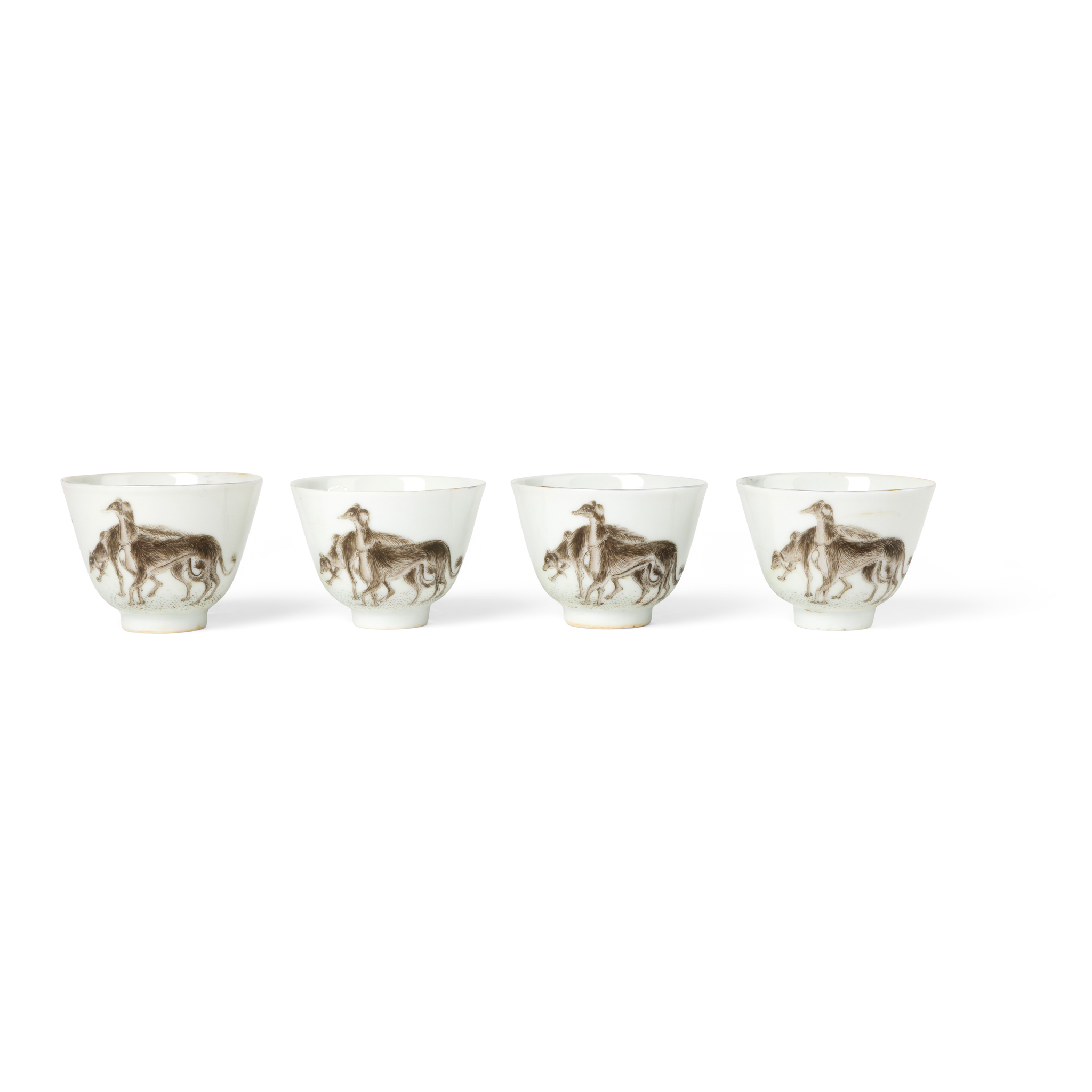 SET OF FOUR CHINESE GRISAILLE-DECORARED 'HOUND' CUPS