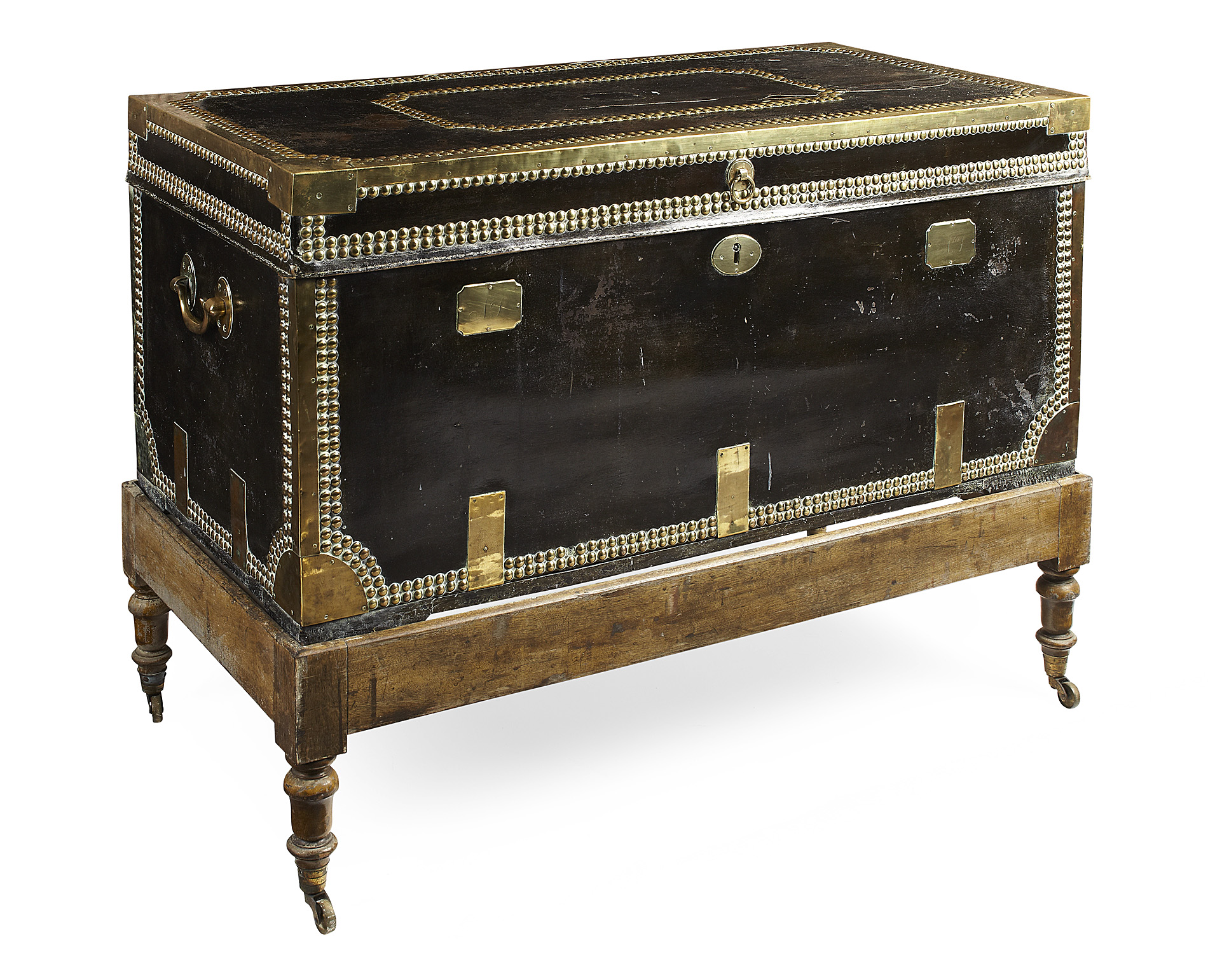 GEORGE III LEATHER AND BRASS BOUND CHEST ON STAND
