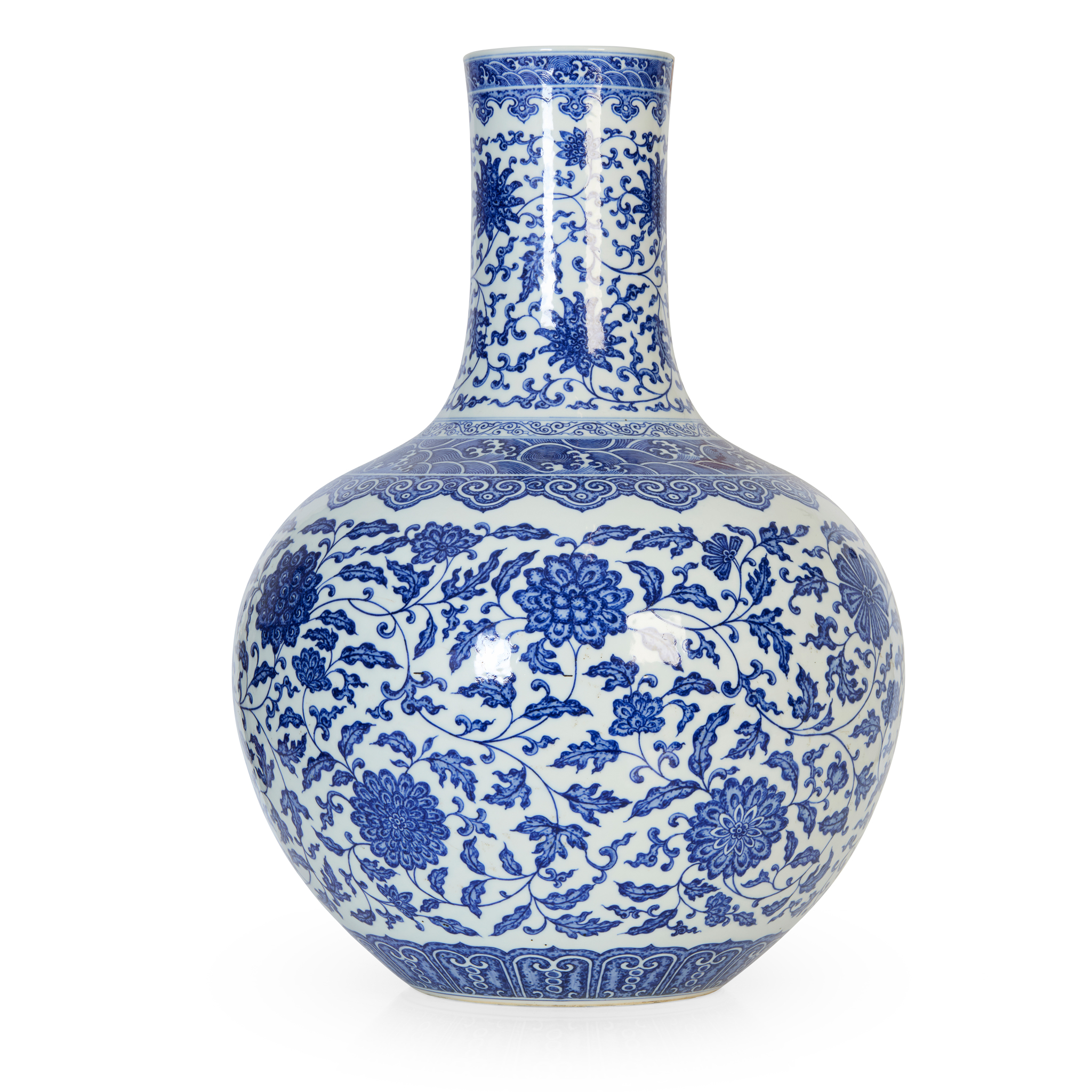 LARGE CHINESE BLUE AND WHITE 'LOTUS SCROLL' BOTTLE VASE