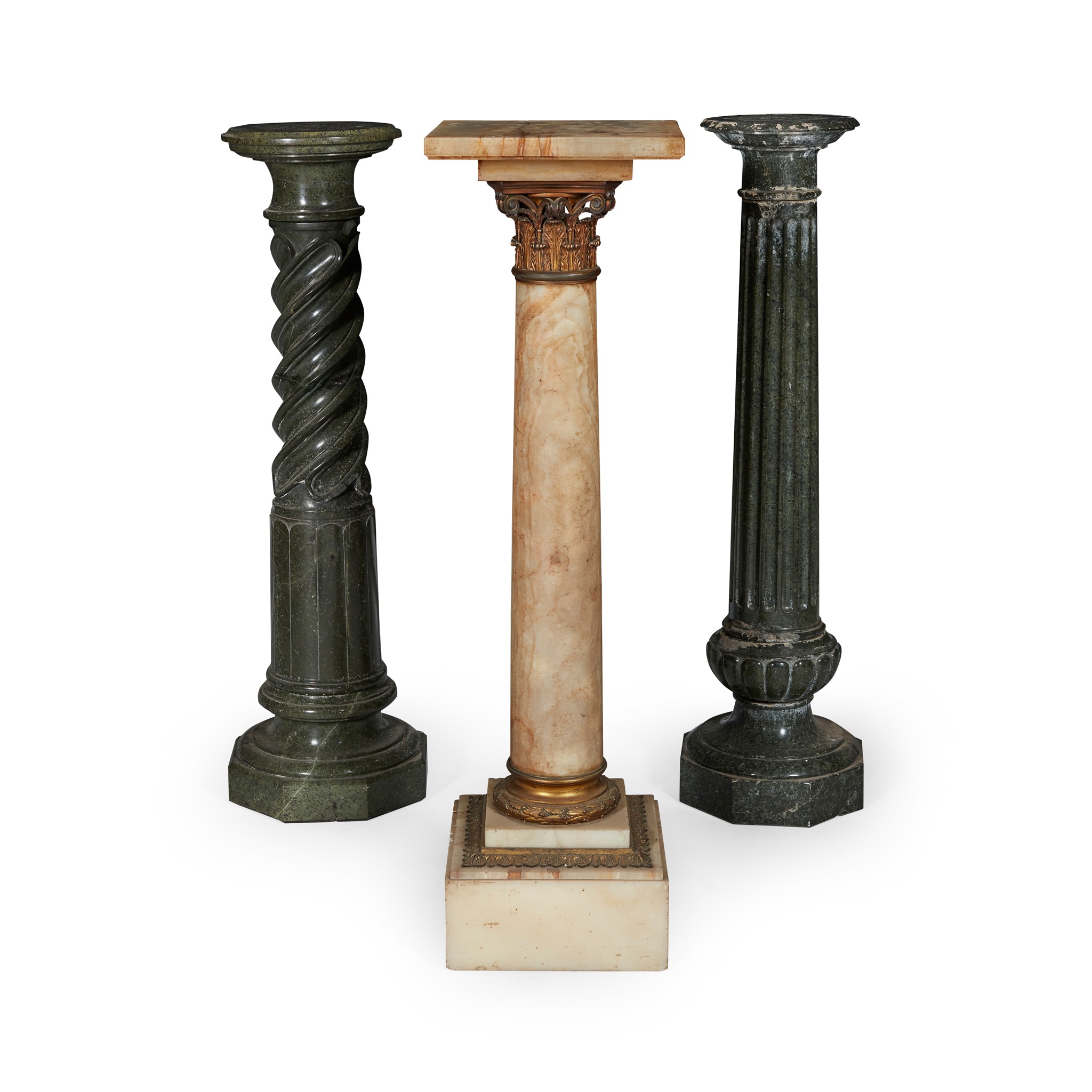 TWO GREEN SERPENTINE MARBLE PEDESTALS