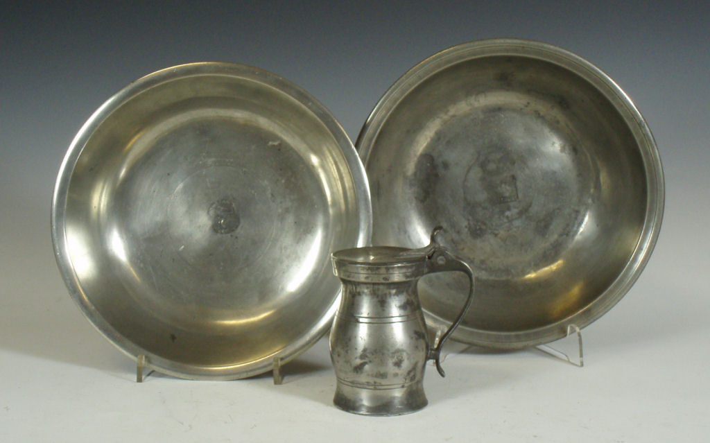 A Scottish pewter measure and two bowls