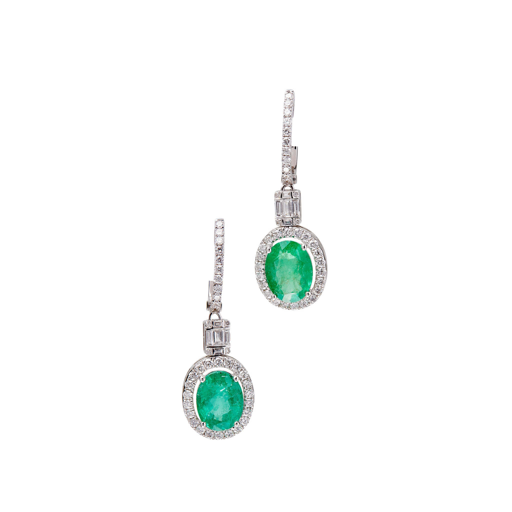 A pair of emerald and diamond set pendant earrings
