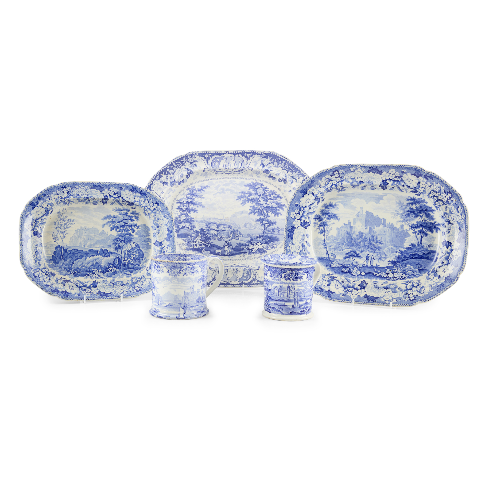 COLLECTION OF BLUE AND WHITE TRANSFER PRINTED POTTERY DEPICTING SCOTTISH CASTLES