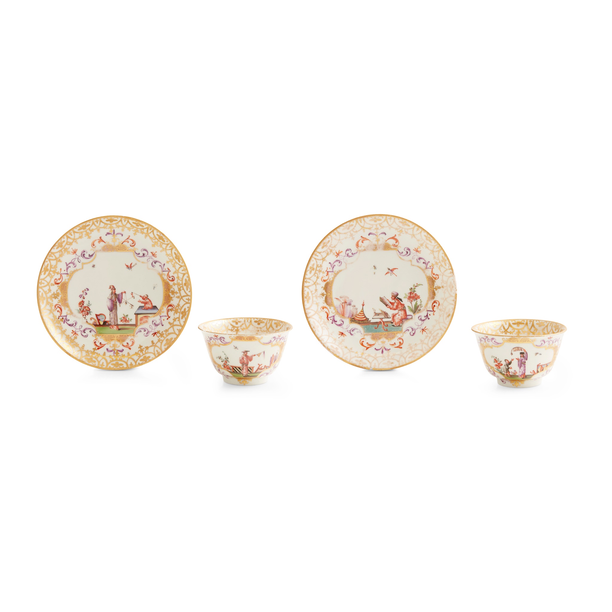 TWO MEISSEN TEABOWLS AND SAUCERS