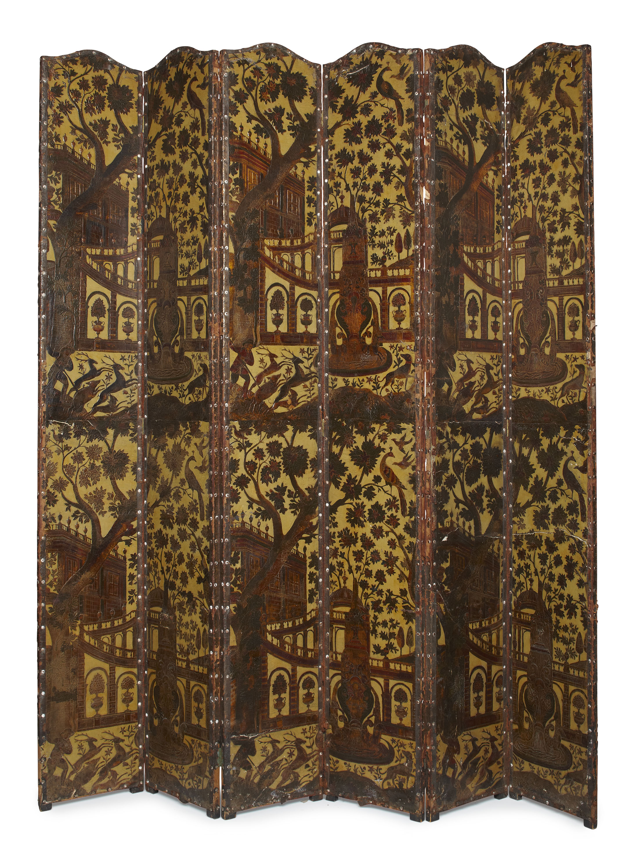 CONTINENTAL EMBOSSED POLYCHROME AND GILT LEATHER SIX FOLD FLOOR SCREEN