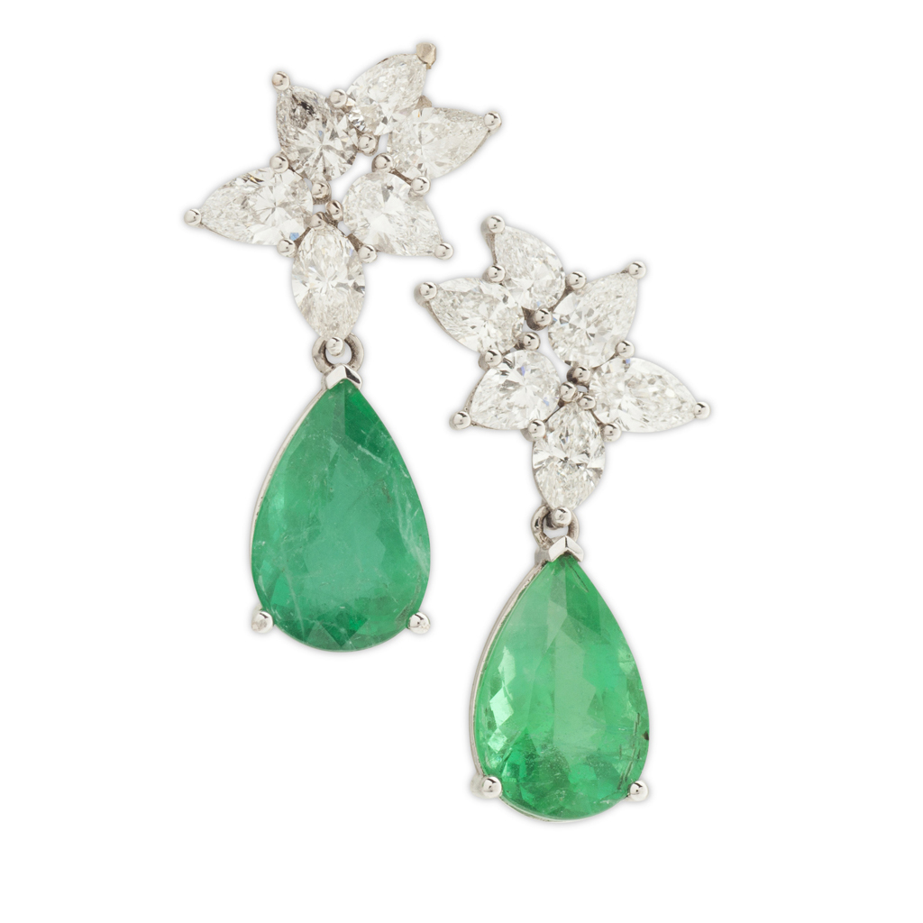 A pair of emerald and diamond set ear pendants