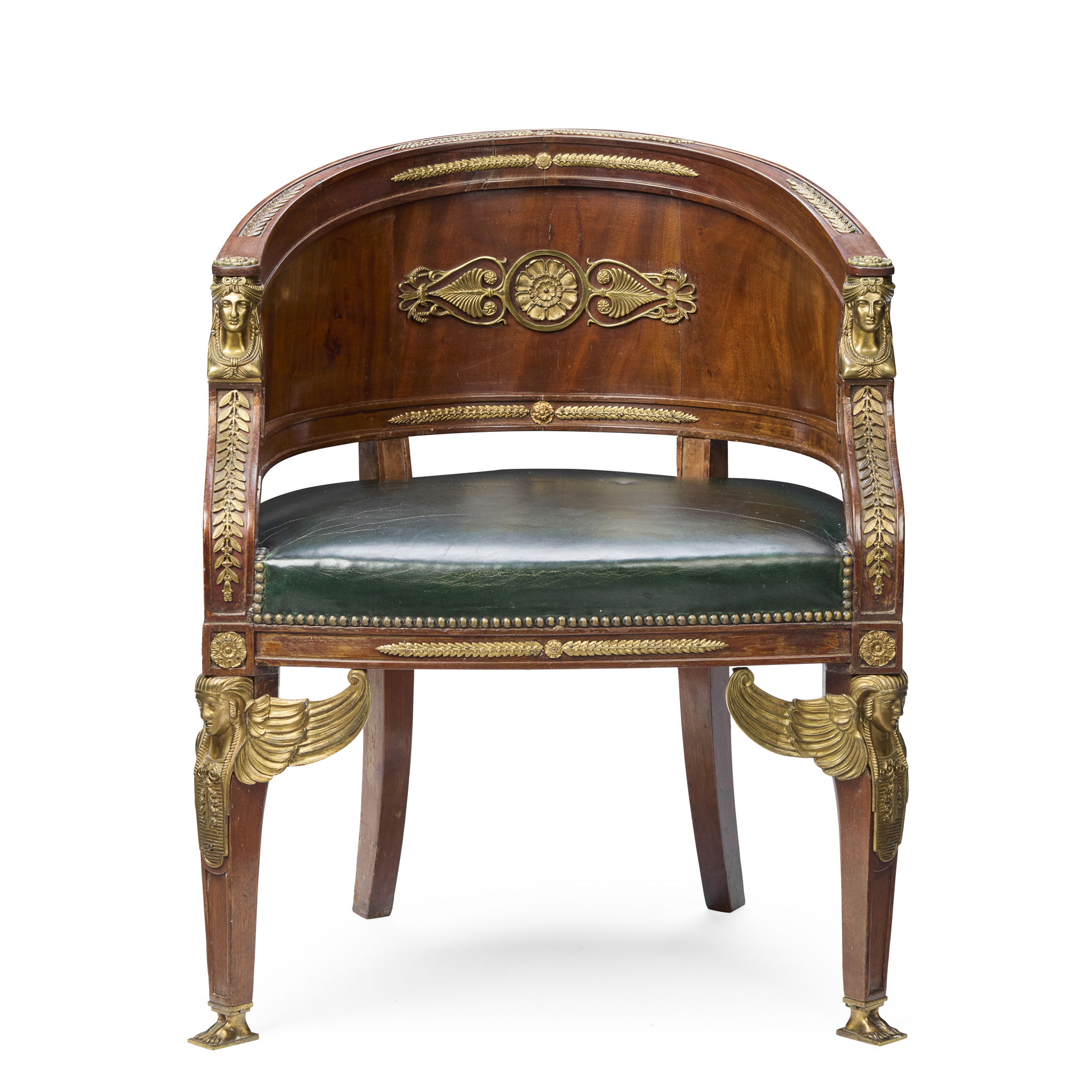 A FRENCH EMPIRE STYLE MAHOGANY GILT BRONZE MOUNTED FAUTEUIL DE BUREAU