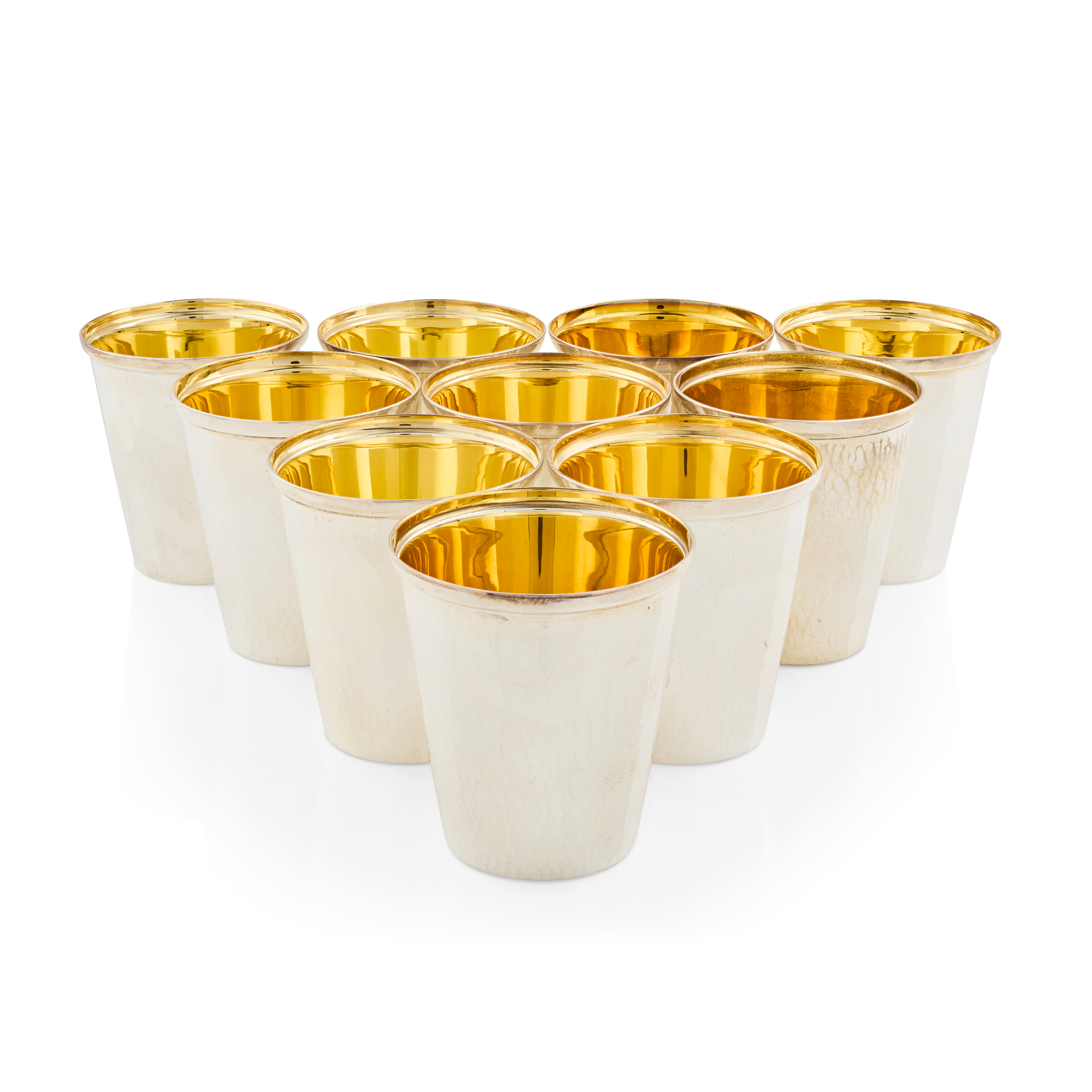 SET OF TEN CONTEMPORARY SILVER PLANISHED BEAKERS