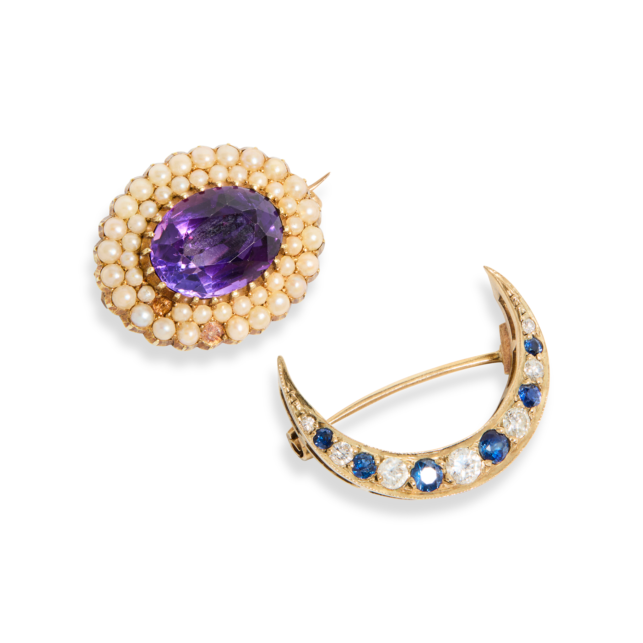 A 9ct gold sapphire and diamond crescent brooch