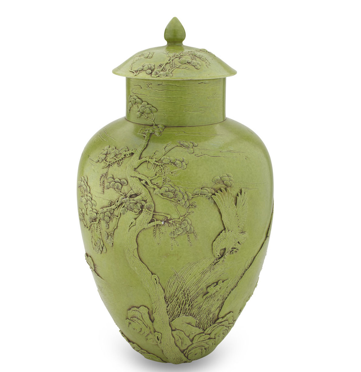CHINESE MONOCHROME GREEN-GLAZED PORCELAIN VASE AND COVER