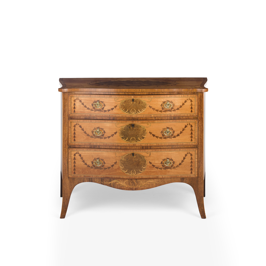 FINE GEORGE III SATINWOOD, HAREWOOD, TULIPWOOD, SYCAMORE AND KINGWOOD MARQUETRY COMMODE