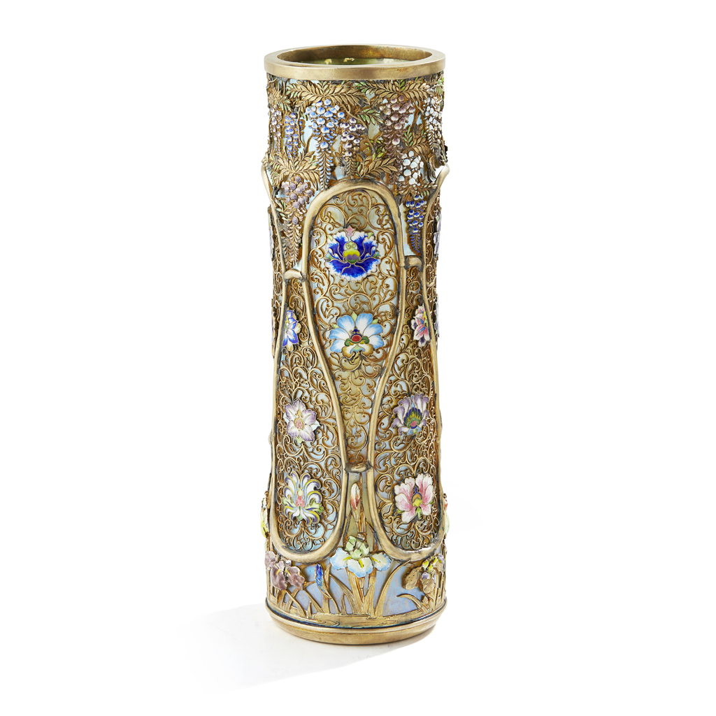 FINE GILT-SILVER FILIGREE AND CHAMPLEVÉ ENAMEL GLASS VASE