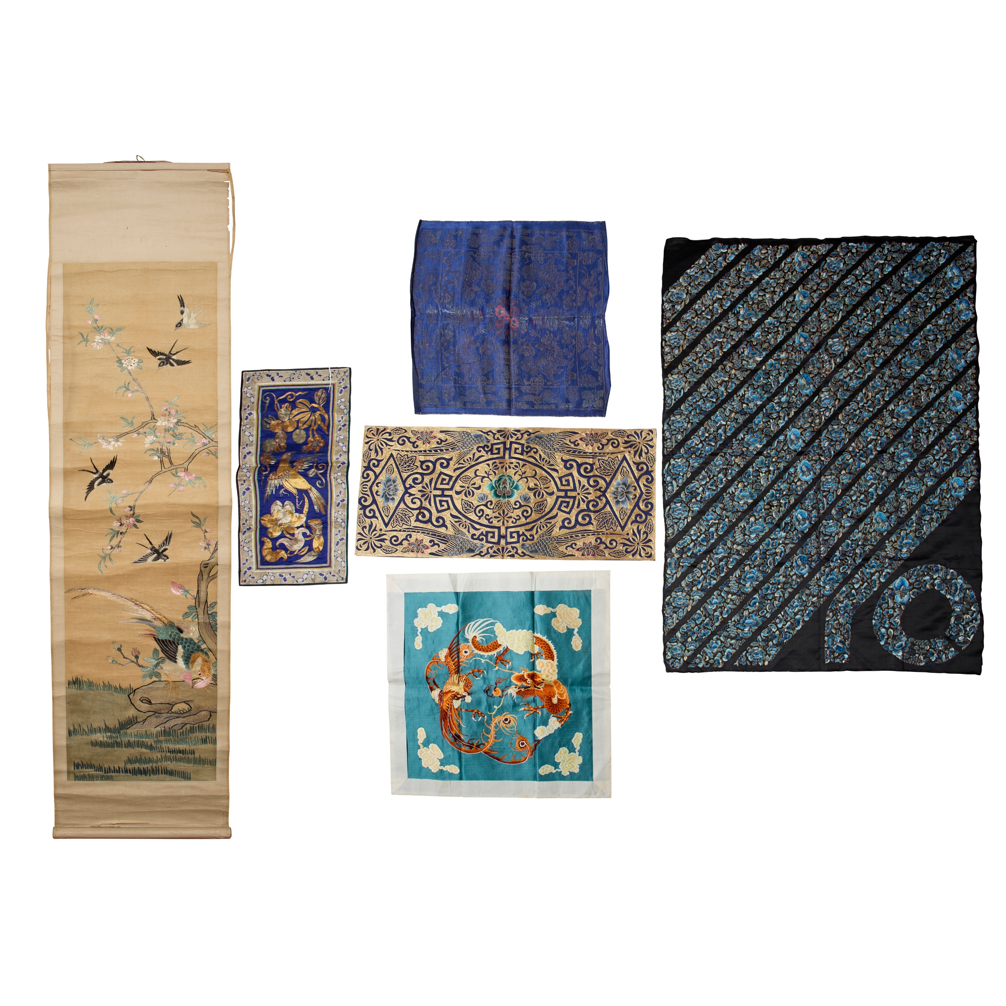 GROUP OF FIVE CHINESE SILK EMBROIDERED PANELS AND A SCROLL