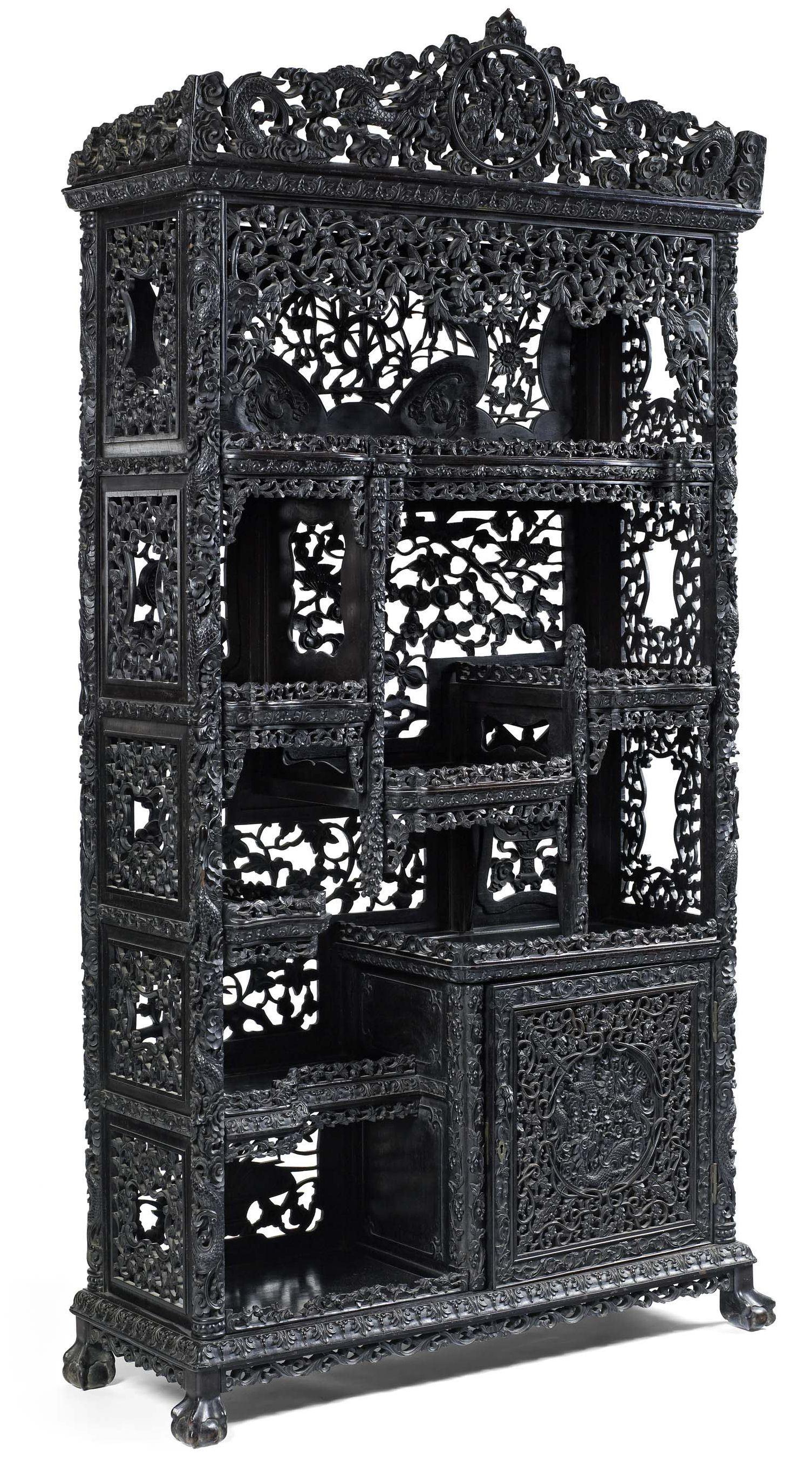 CHINESE CARVED HARDWOOD DISPLAY CABINET