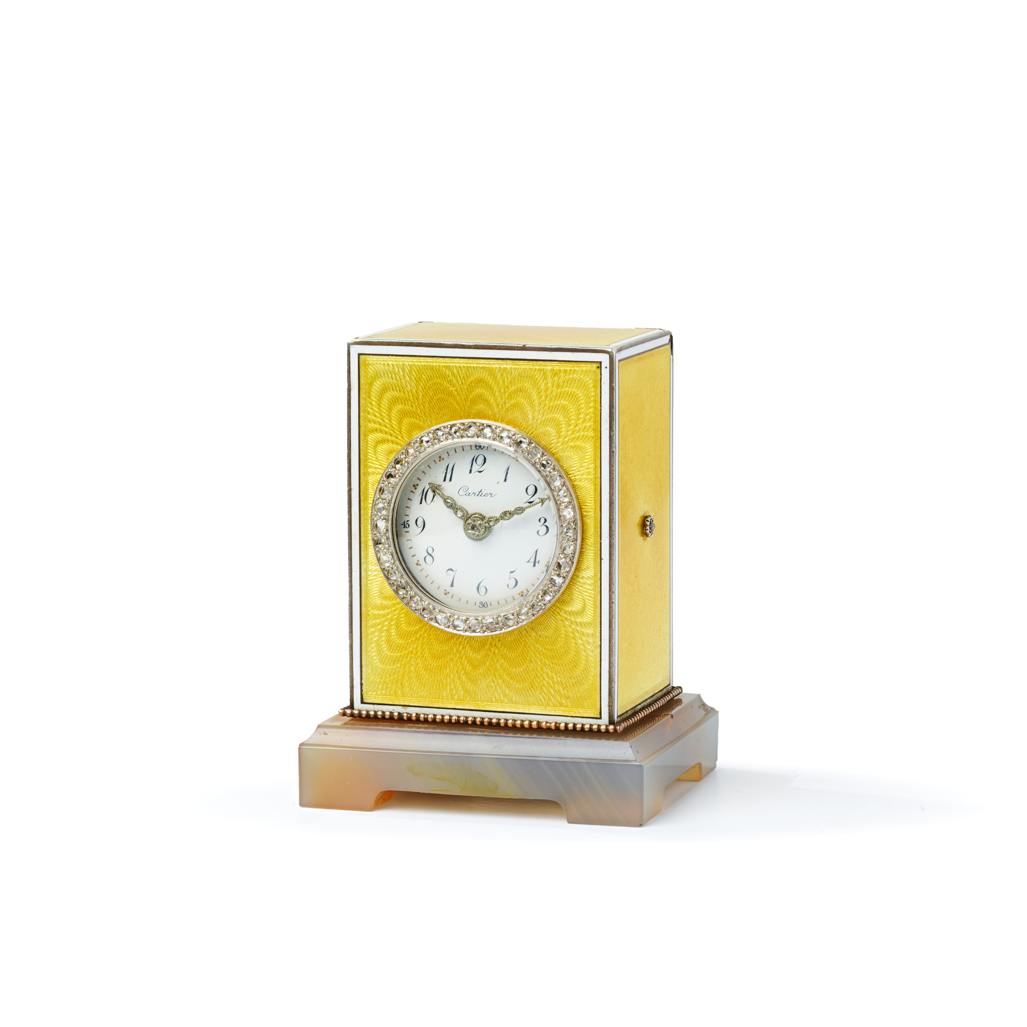 Cartier. An exquisite silver, enamel, agate and diamond Mignonnette clock