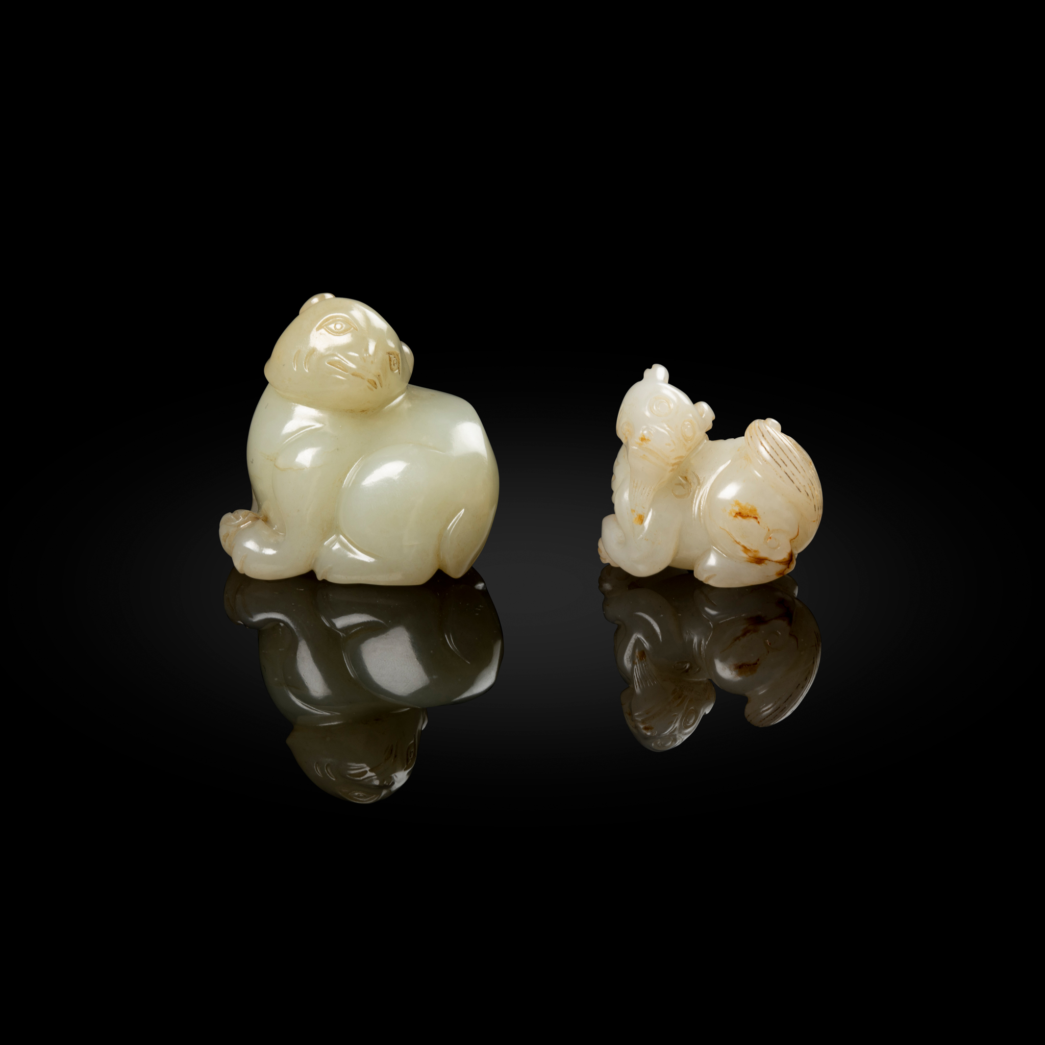 TWO CHINESE JADE ANIMAL CARVINGS OF LION DOG AND BEAR