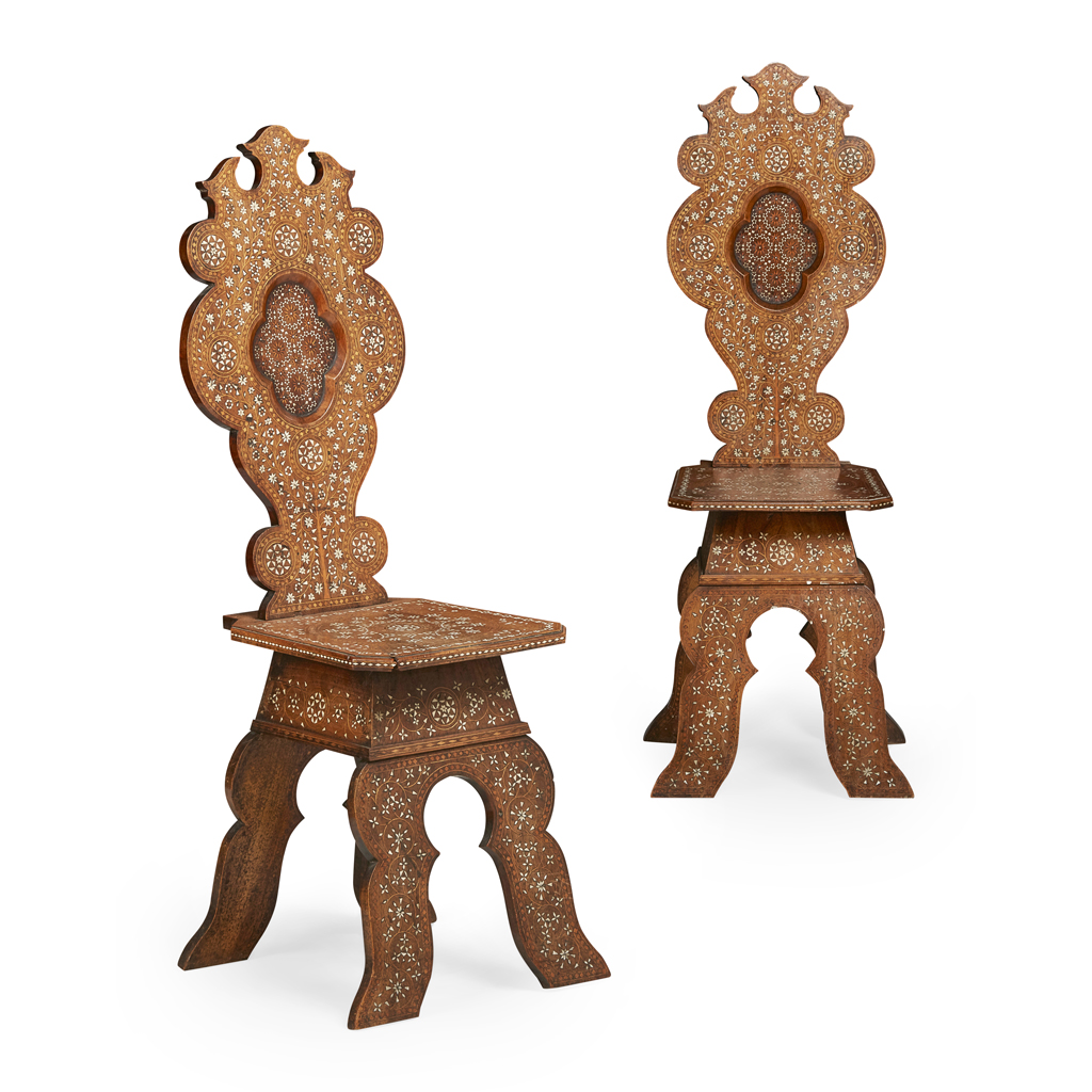 PAIR OF SYRIAN BONE INLAID HALL CHAIRS