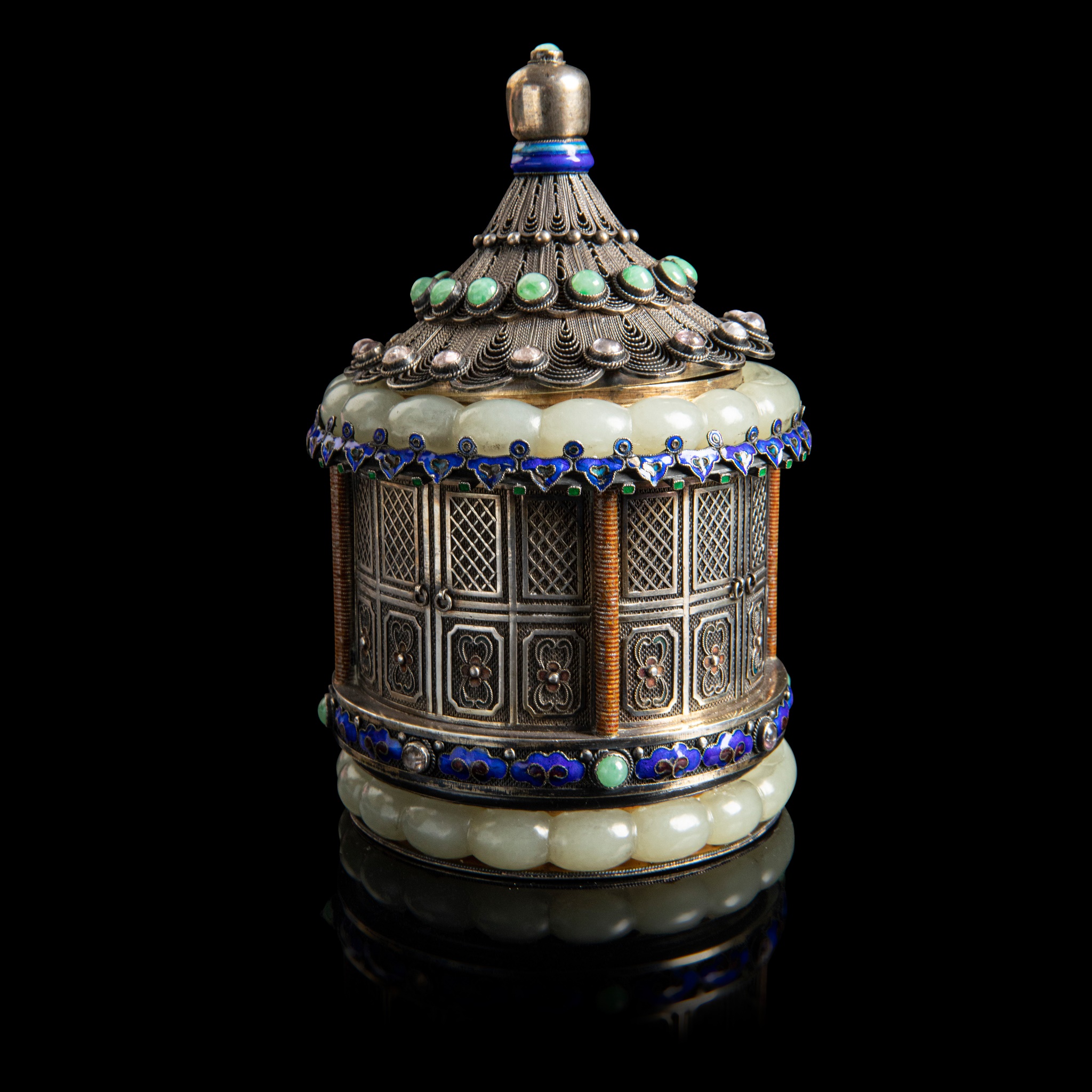 JADE BANGLES INSET SILVER FILIGREE CANISTER WITH COVER