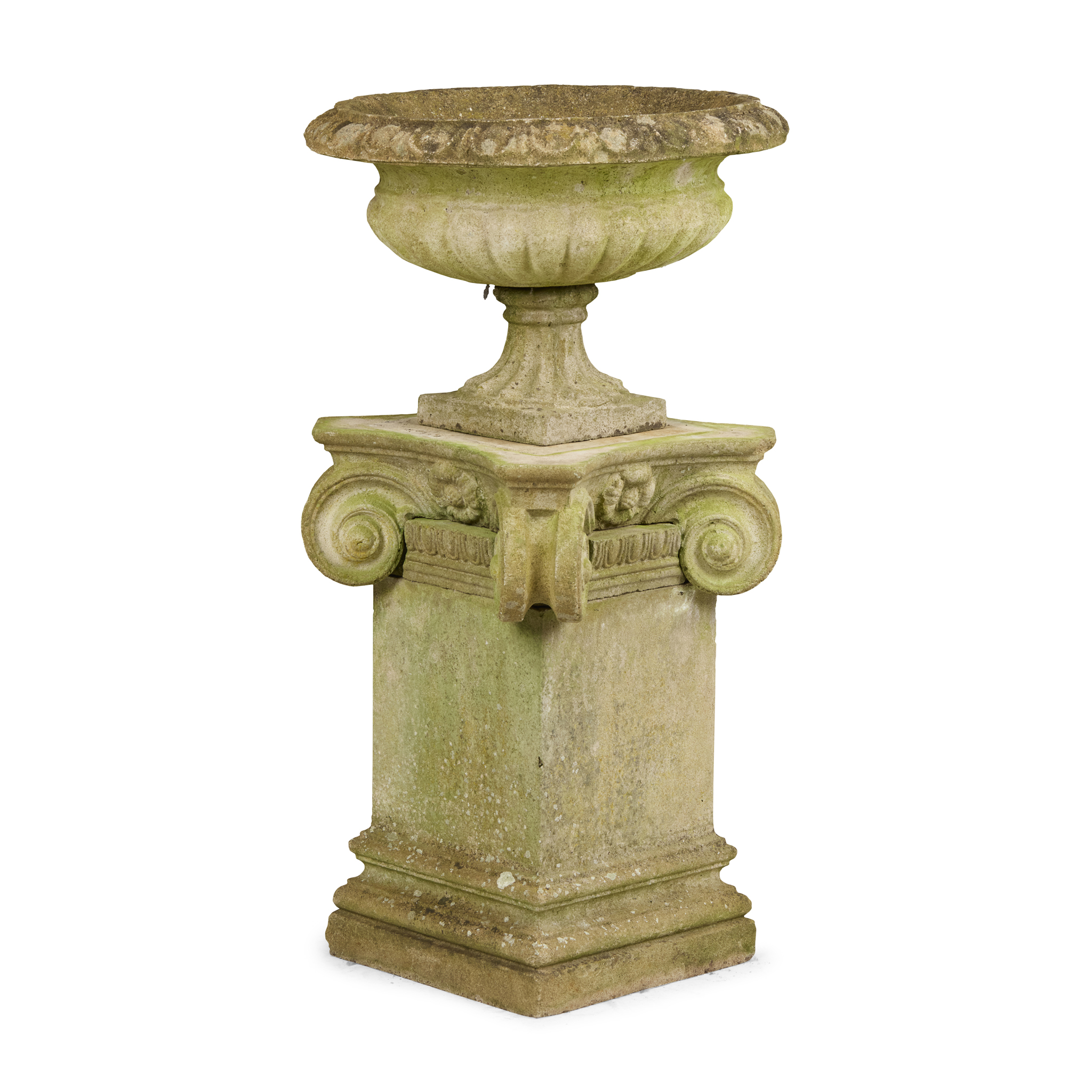LARGE COMPOSITION STONE URN ON PEDESTAL