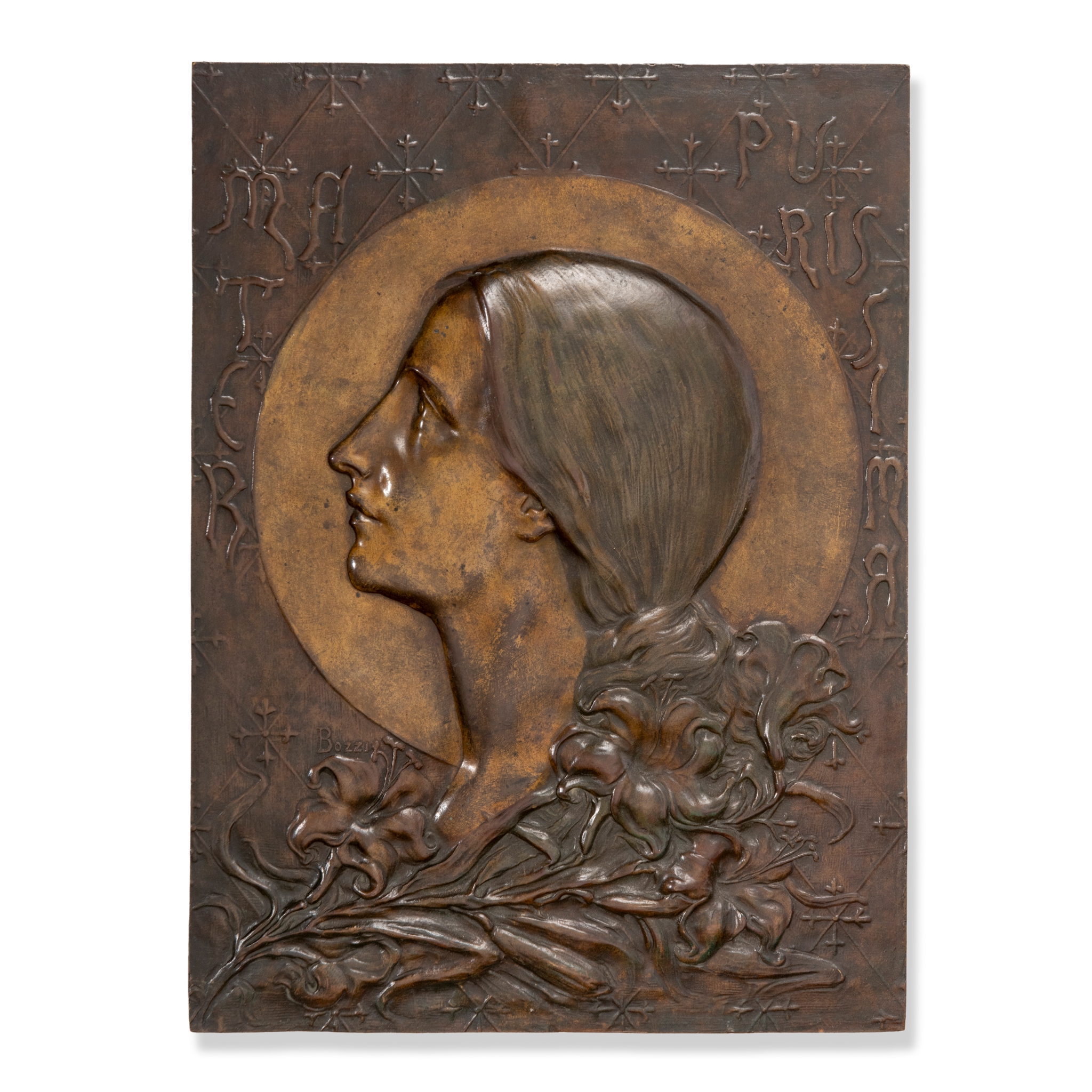 A BRONZE RELIEF PLAQUE DEPICTING A WOMAN IN PROFILE, BOZZI (EUROPEAN)