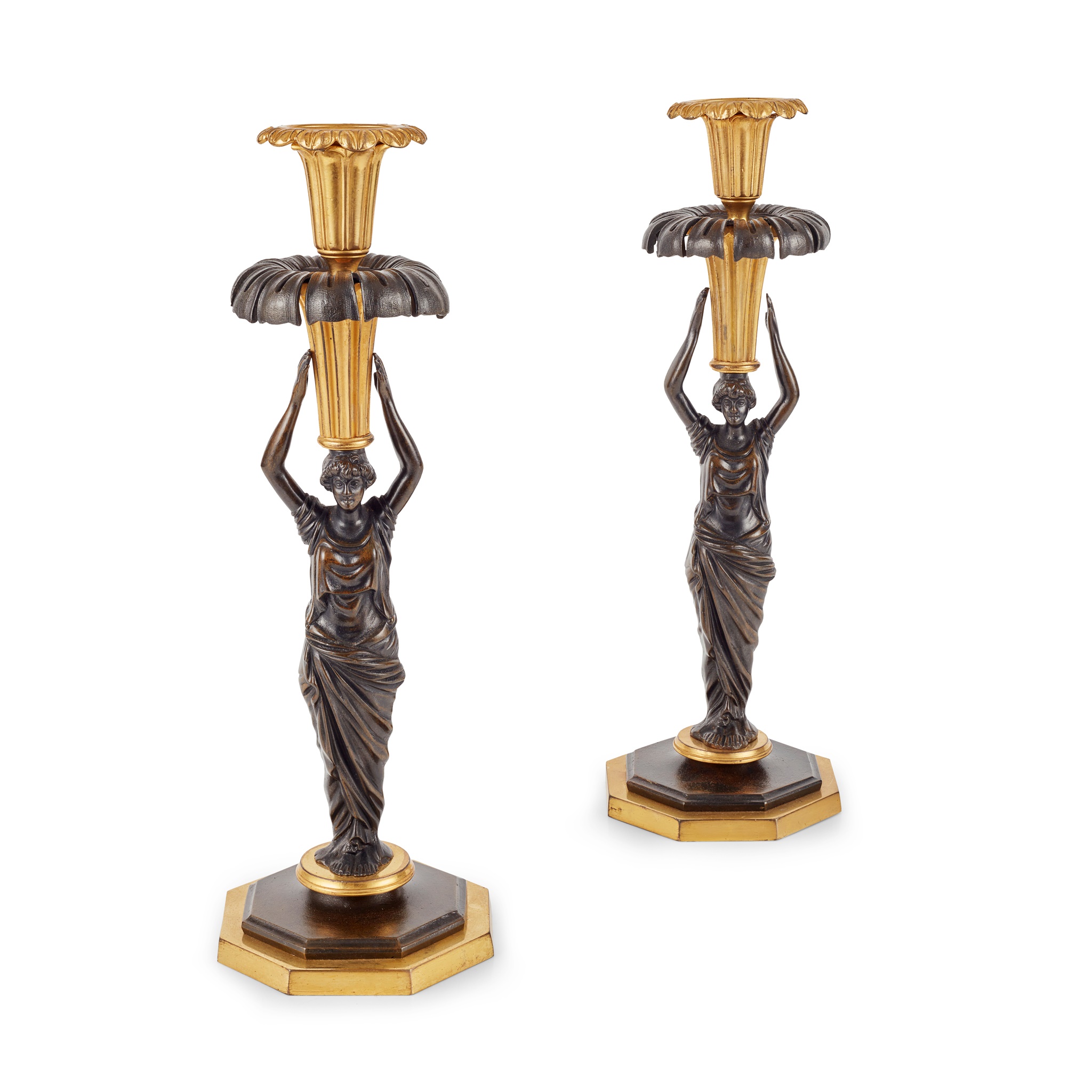 PAIR OF GILT METAL AND BRONZE FIGURAL CANDLESTICKS
