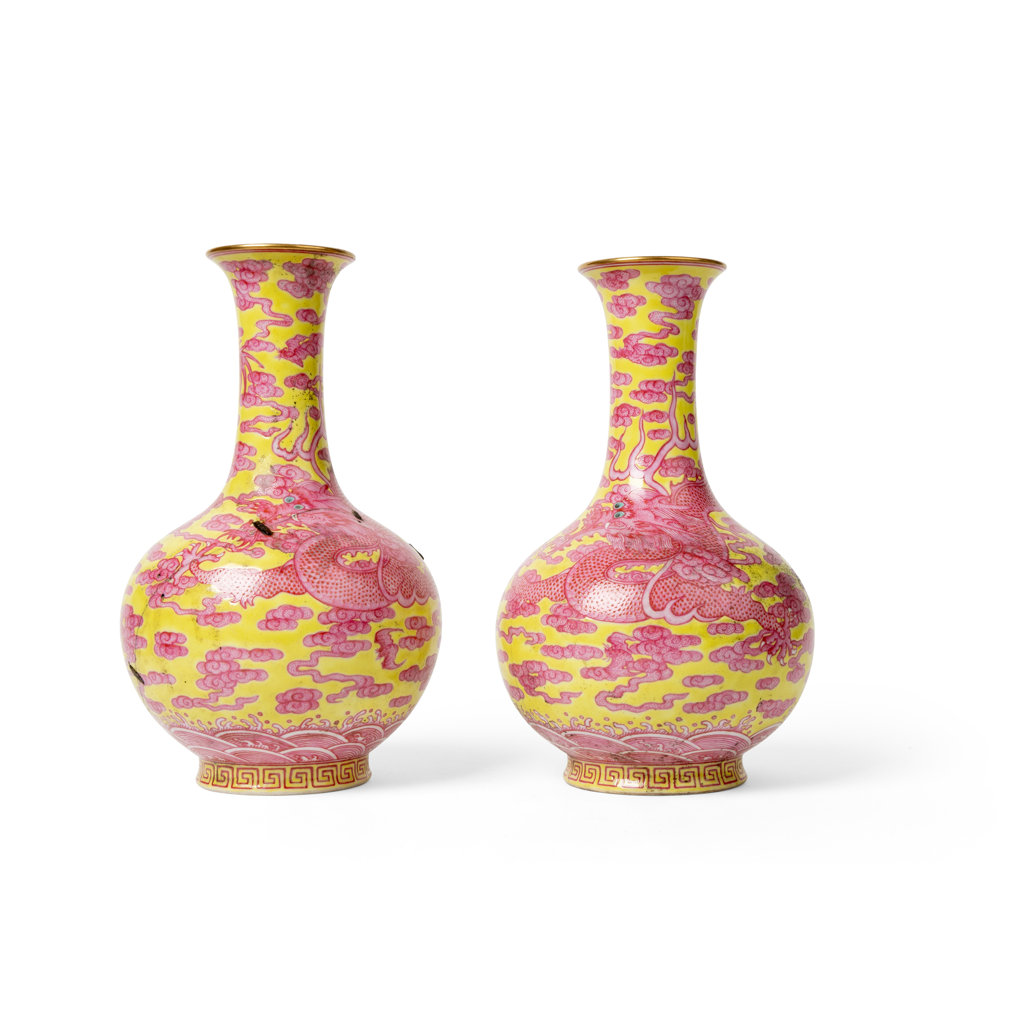 PAIR OF YELLOW-GROUND PUCE-ENEMALLED 'DRAGON' VASES