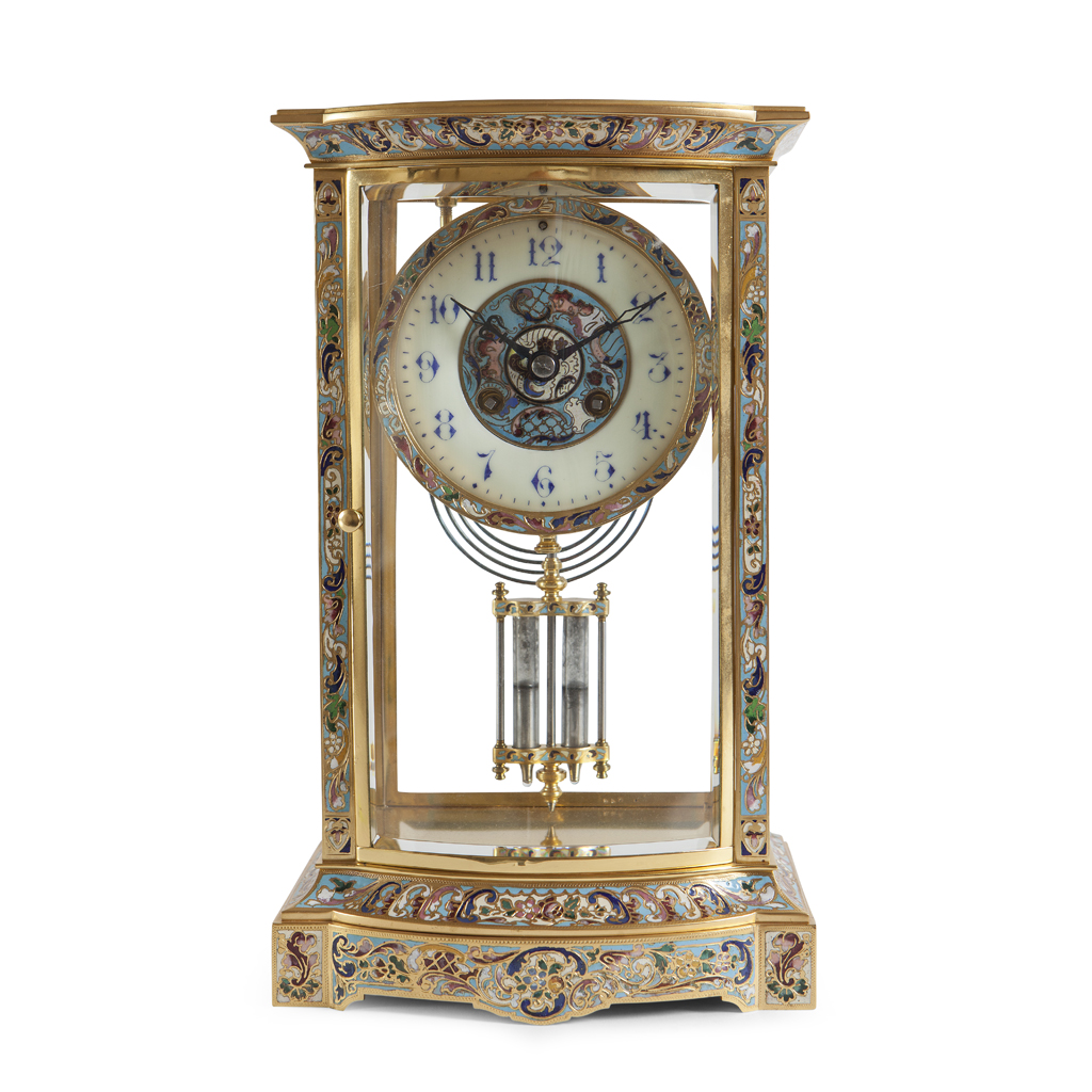 A FRENCH BRASS AND CHAMPLEVE ENAMEL FOUR GLASS MANTEL CLOCK