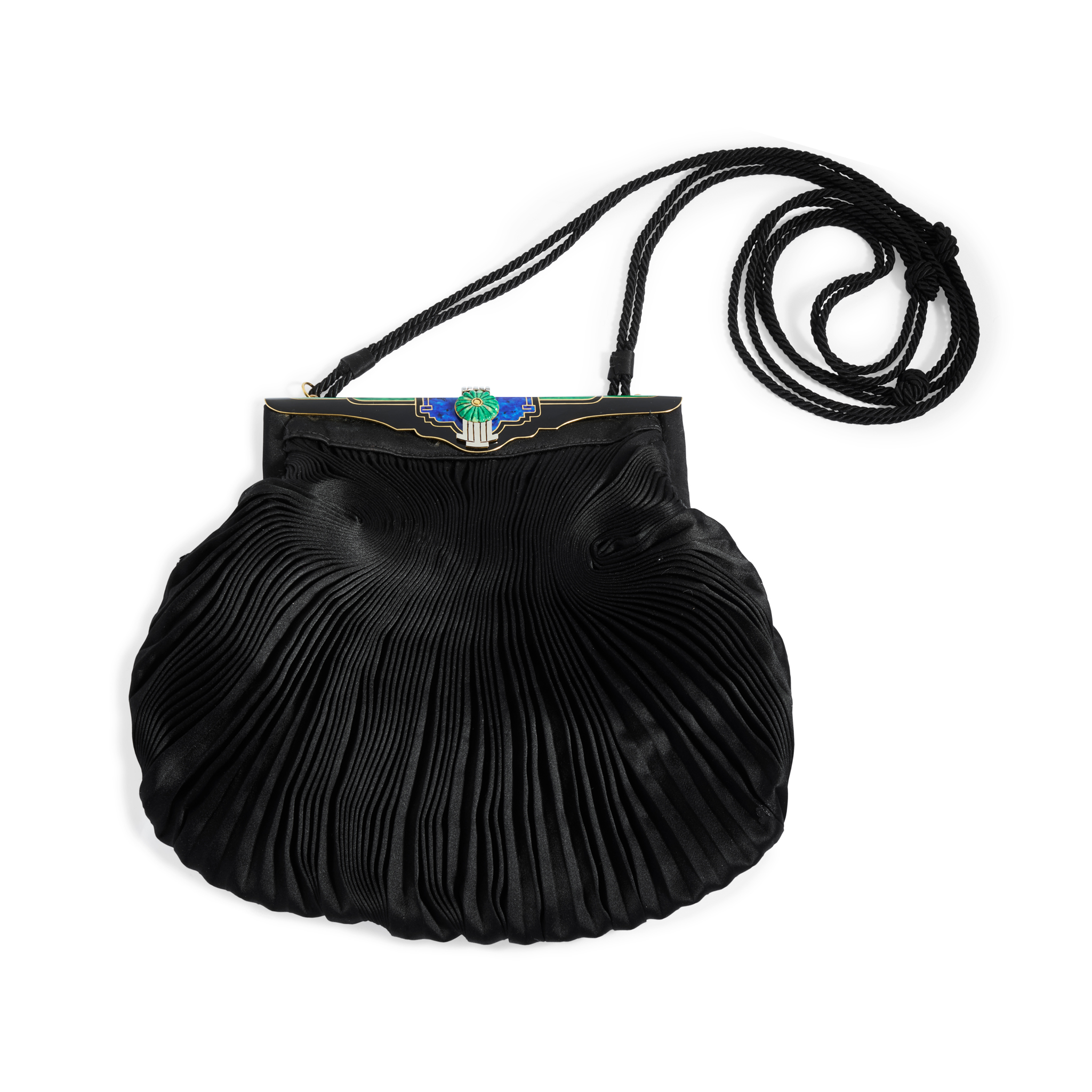 An Art Deco enamel and satin evening back