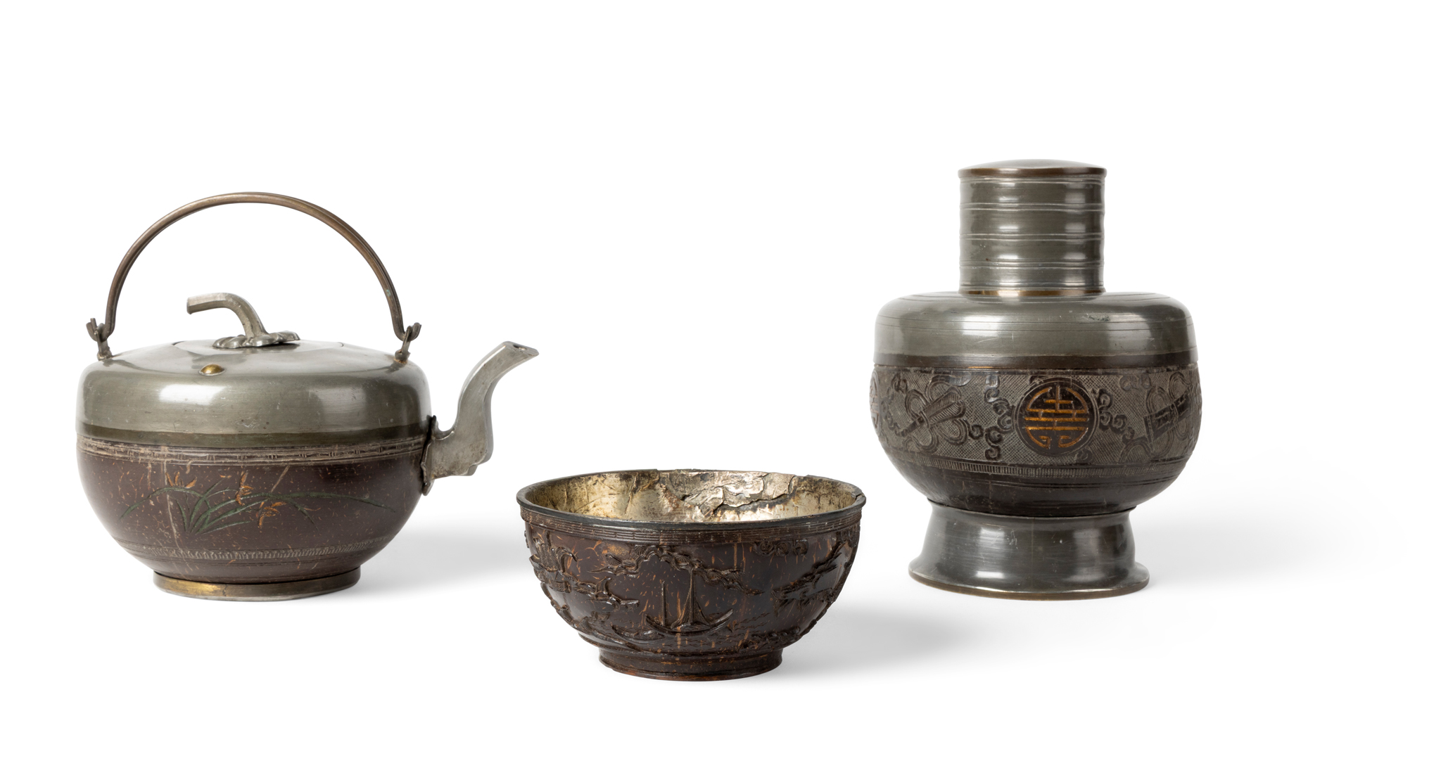 GROUP OF THREE CHINESE CARVED COCONUT SHELL TEAWARES