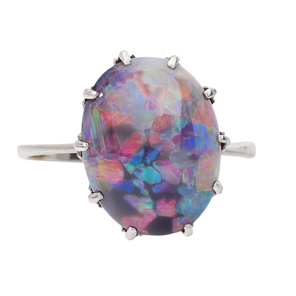 An early 20th century black opal set ring