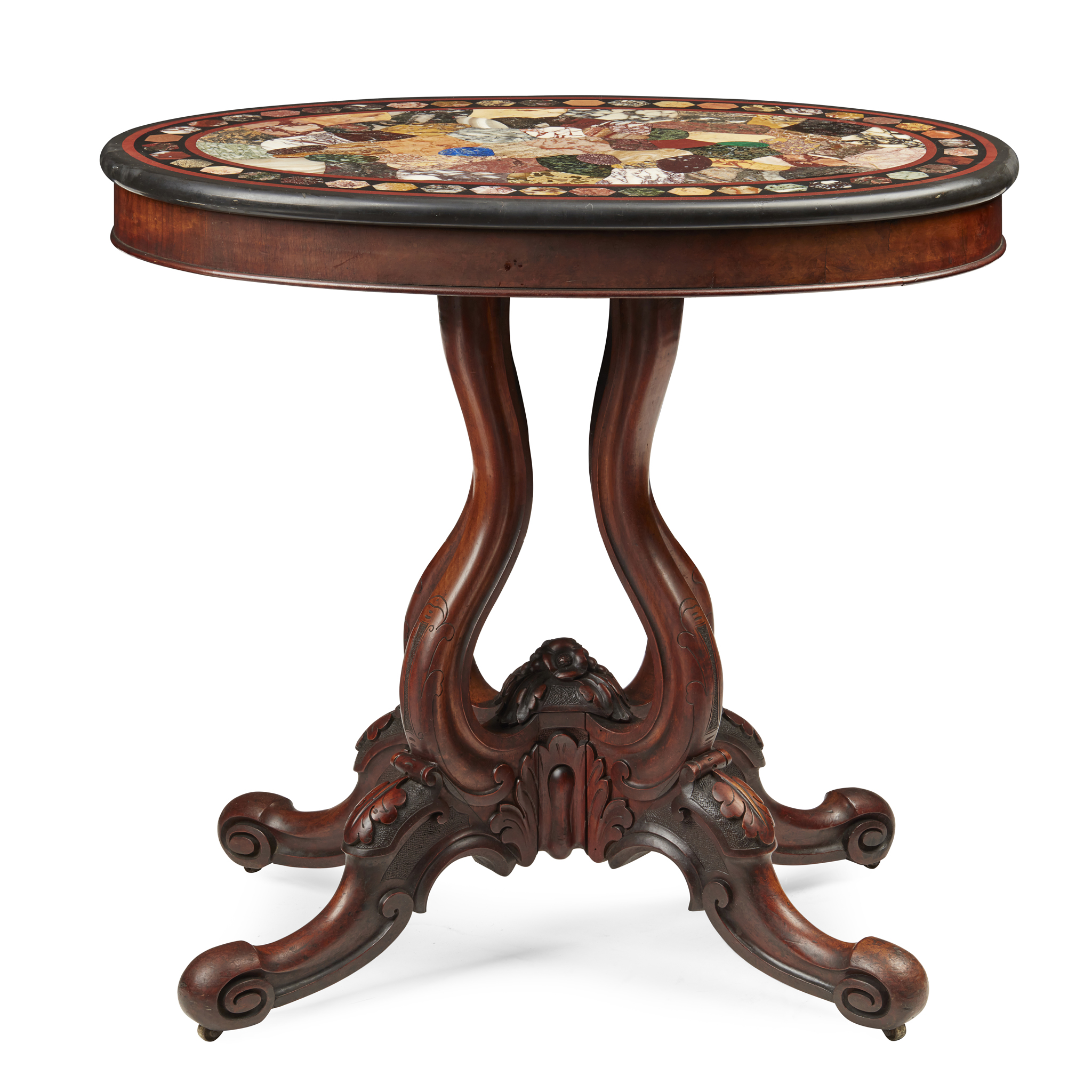 VICTORIAN MAHOGANY AND PIETRA DURA CENTRE TABLE, BY STRAHAN & CO., DUBLIN