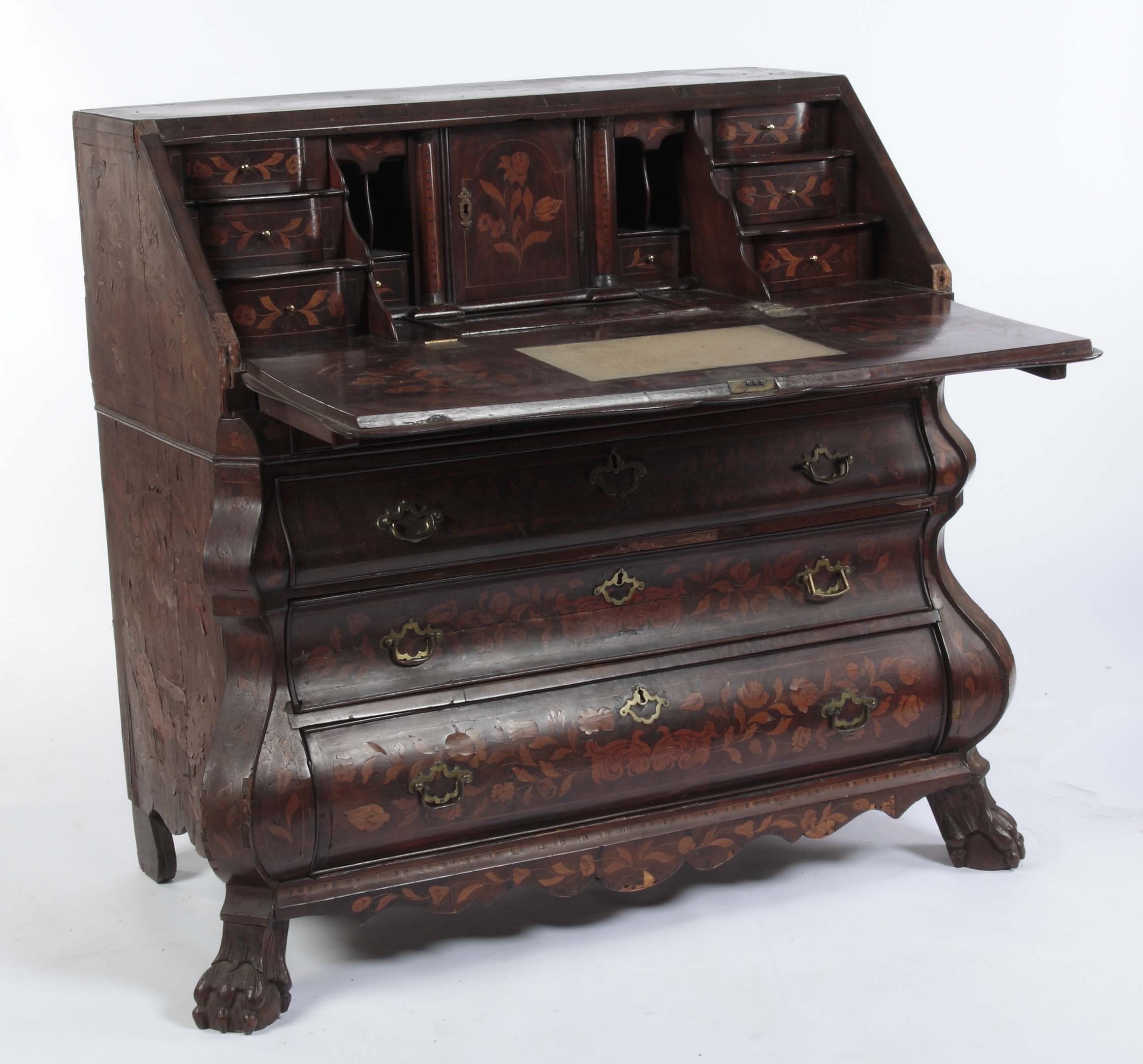 A late 18th/ early 19th century Dutch walnut and floral marquetry mahogany bureau