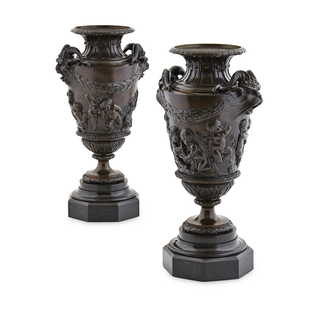 PAIR OF FRENCH PATINATED BRONZE URNS, AFTER CLODION