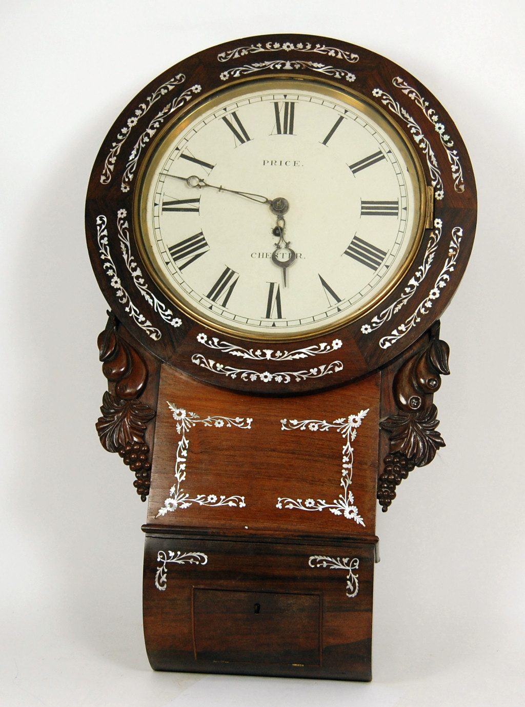 EARLY VICTORIAN ROSEWOOD AND MOTHER OF PEARL INLAID HANGING WALL CLOCK