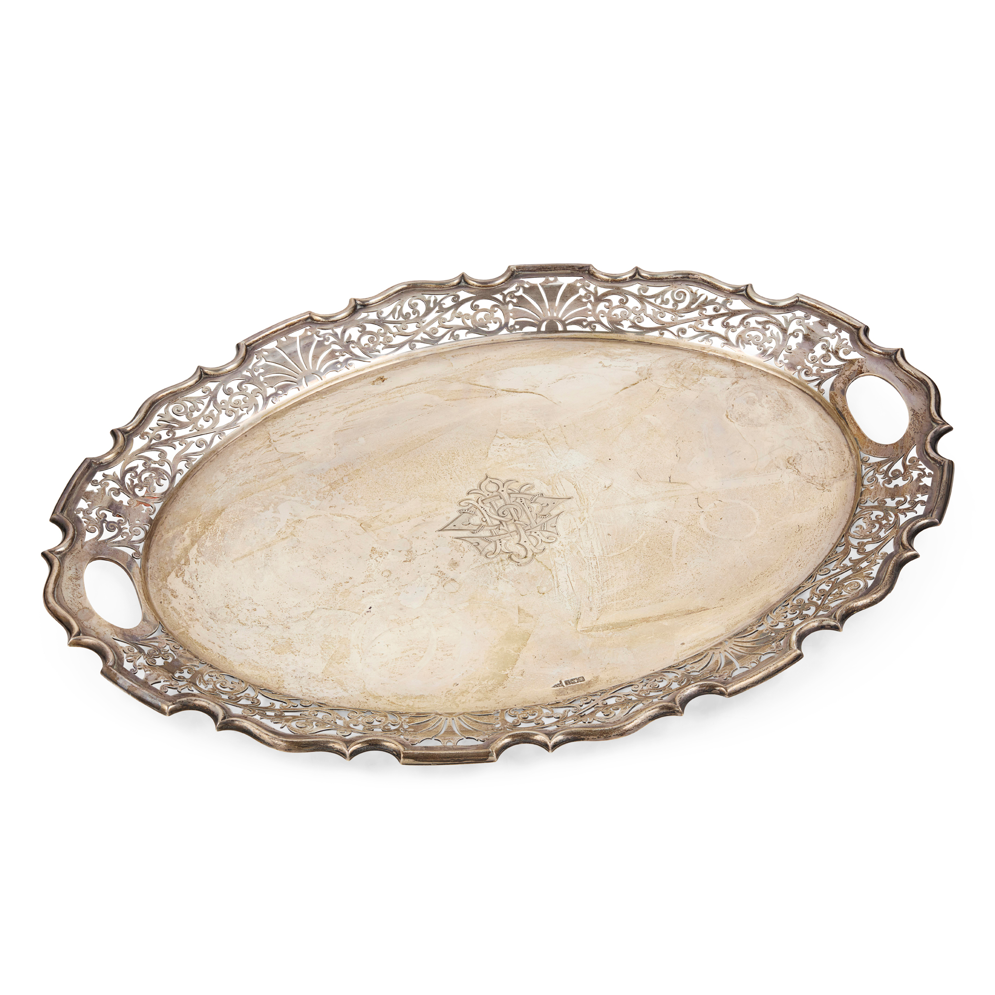 AN EDWARDIAN PIERCED GALLERY TWIN-HANDLED TRAY