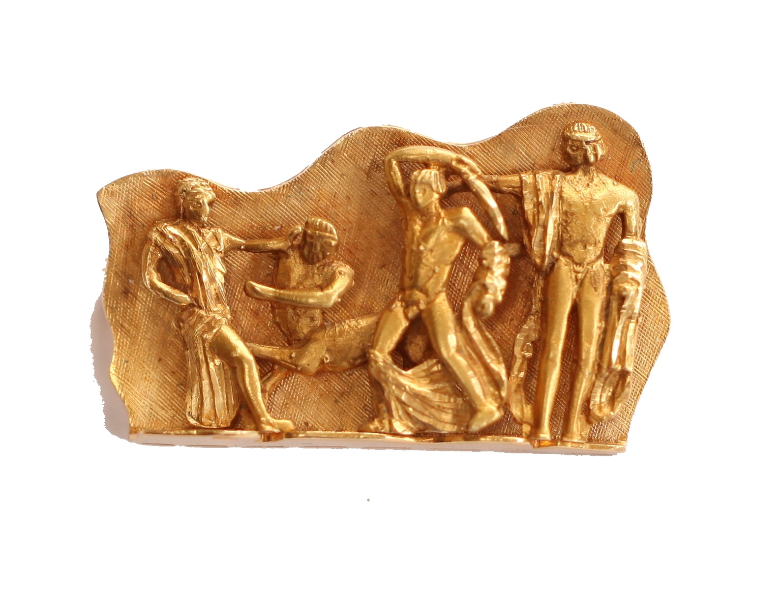 A brooch with applied cast figures of classical warriors in battle