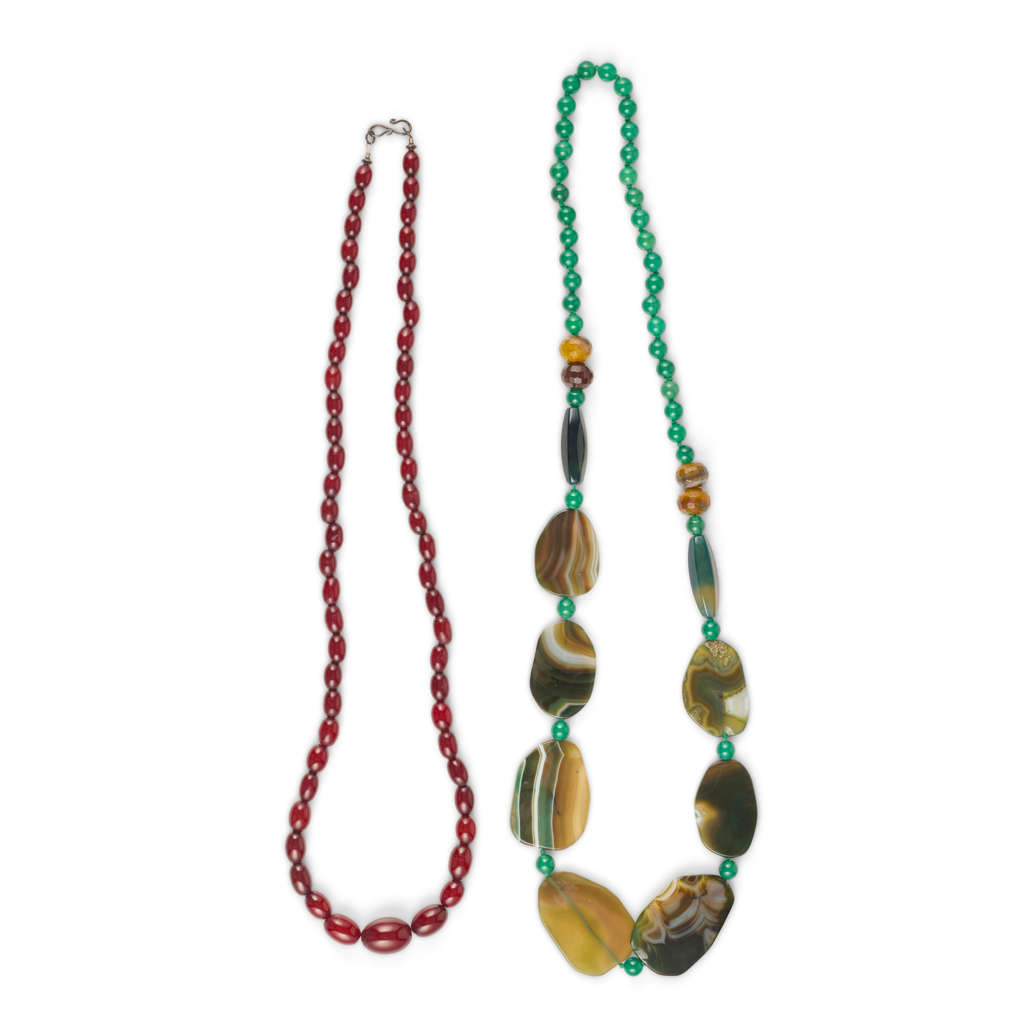 A jade and agate bead necklace and another bead necklace