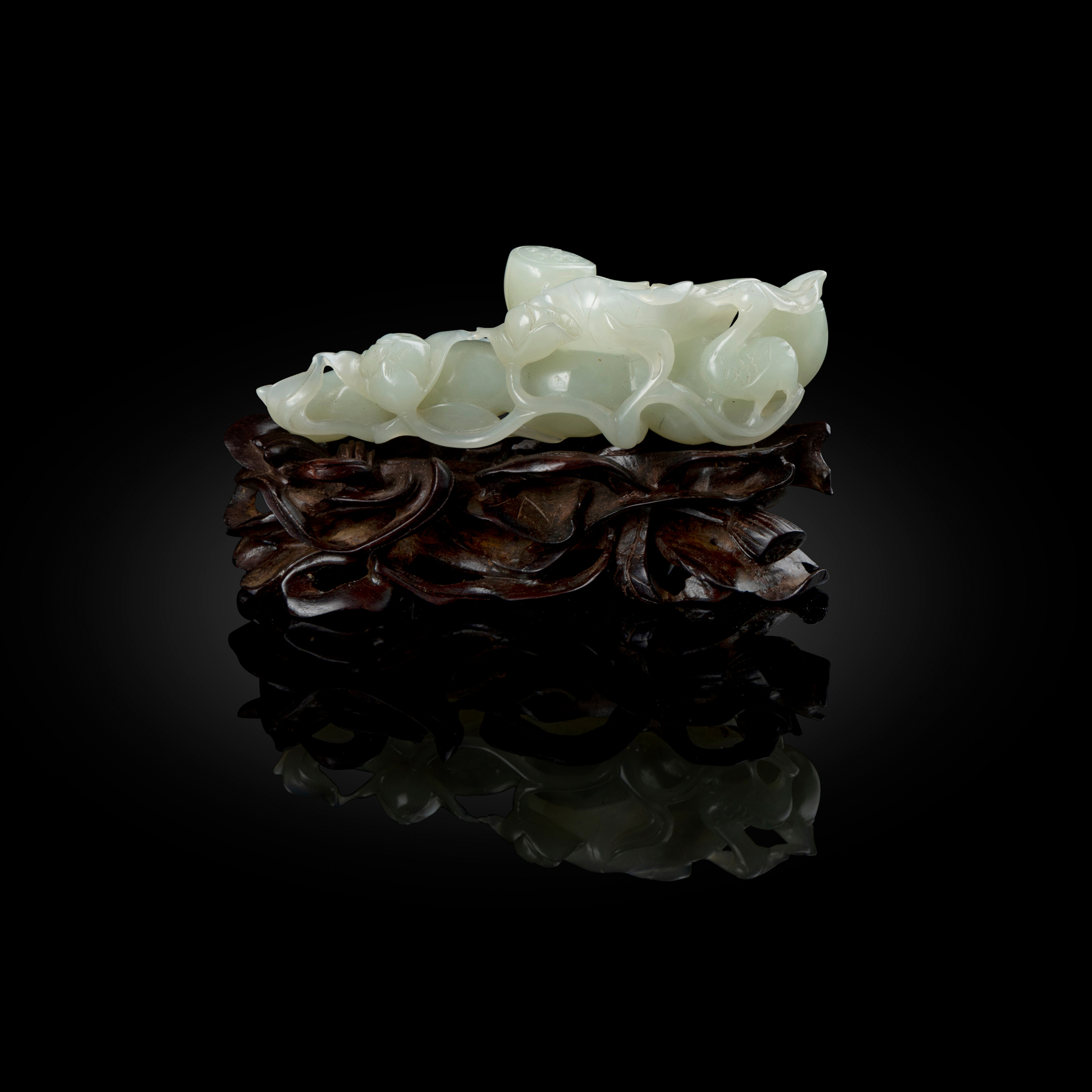 CHINESE PALE CELADON JADE 'LOTUS AND EGRET' BRUSHREST