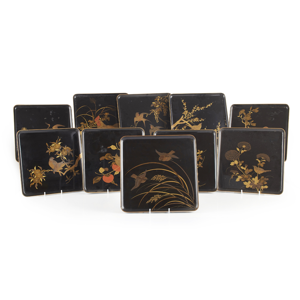 SET OF TEN SQUARE LACQUER TRAYS