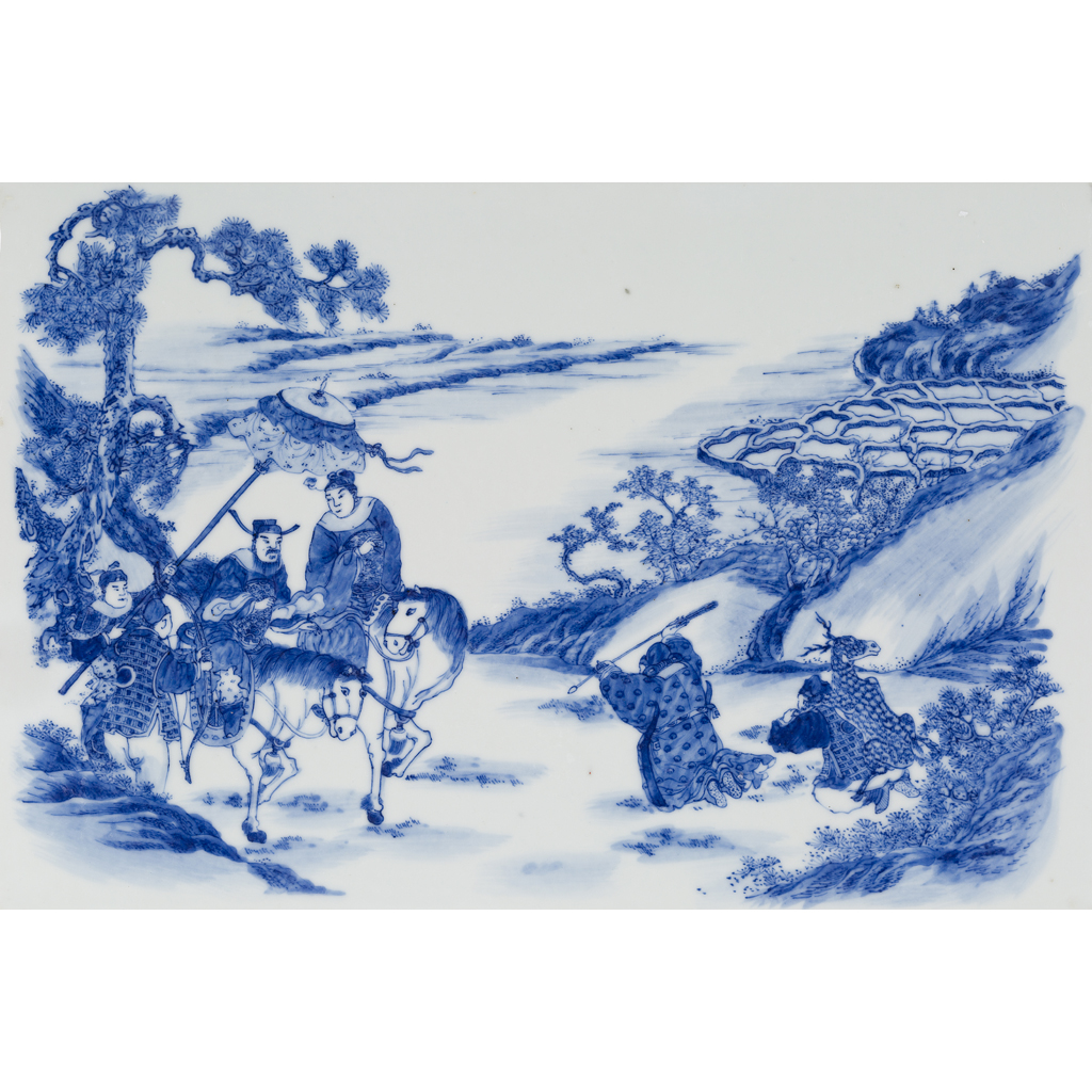 BLUE AND WHITE PORCELAIN 'HUNTING SCENE' PLAQUE