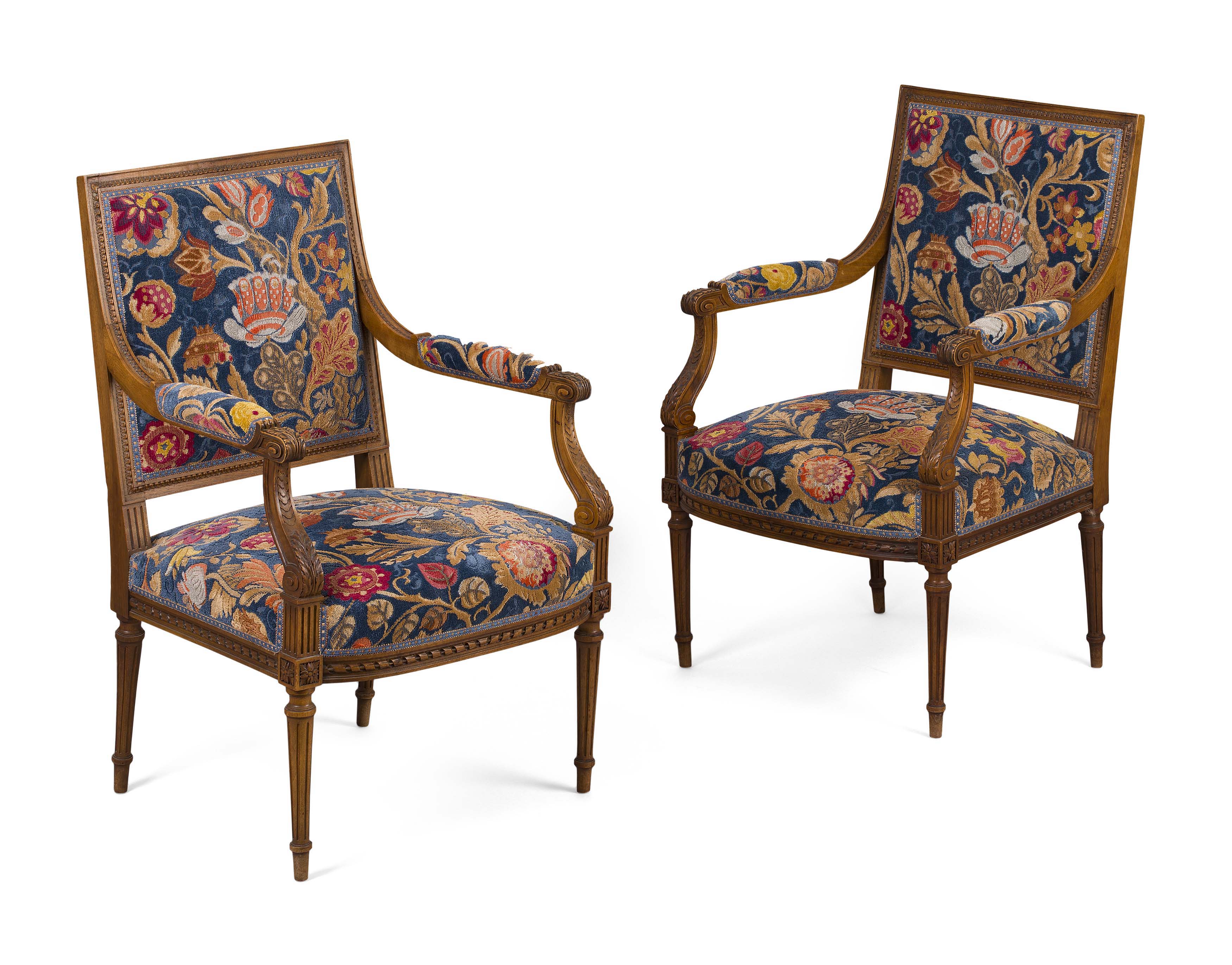 PAIR OF LOUIS XVI STYLE BEECH UPHOLSTERED FAUTEUILS