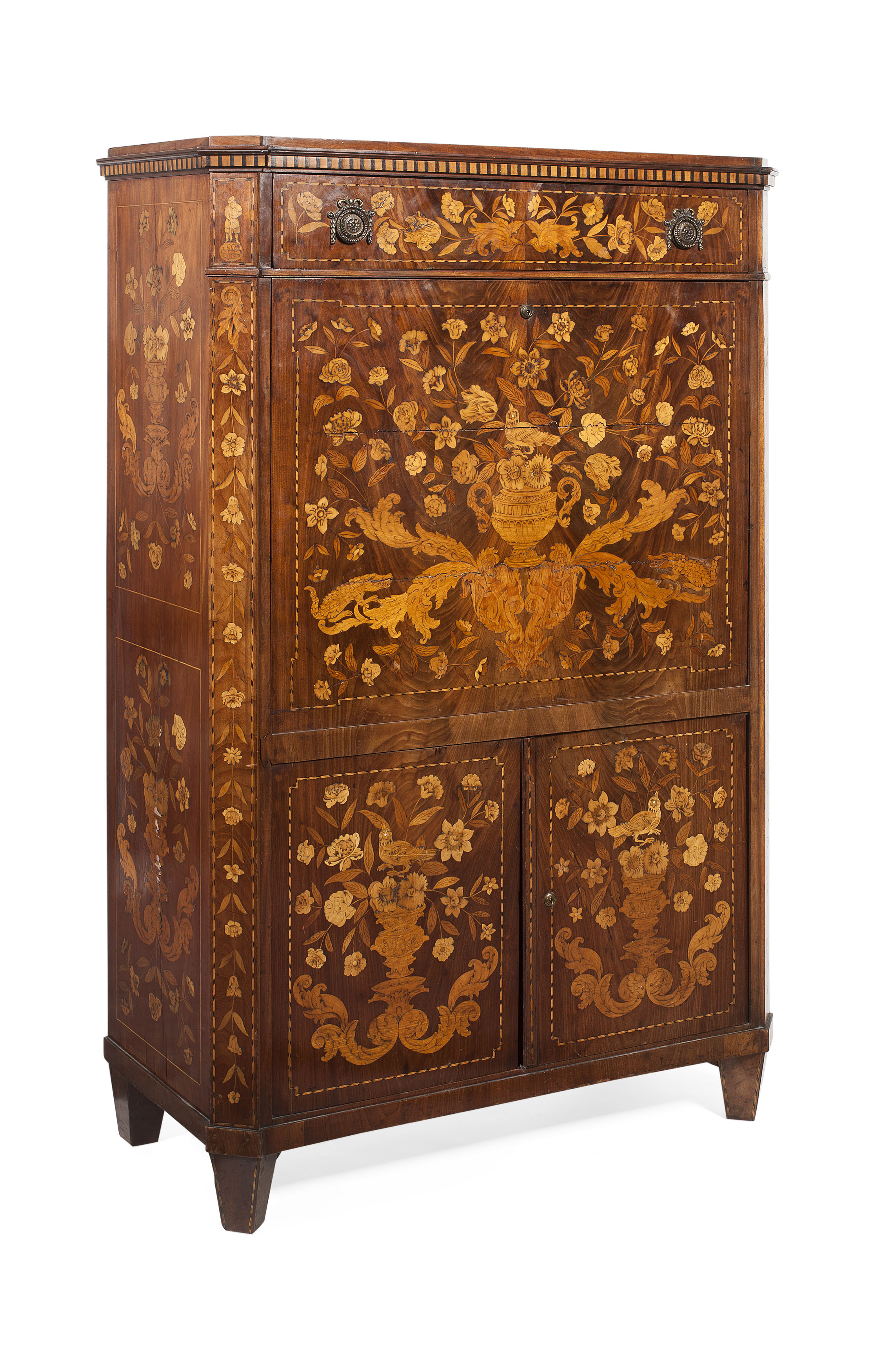 DUTCH WALNUT AND MARQUETRY FALL FRONT SECRETAIRE