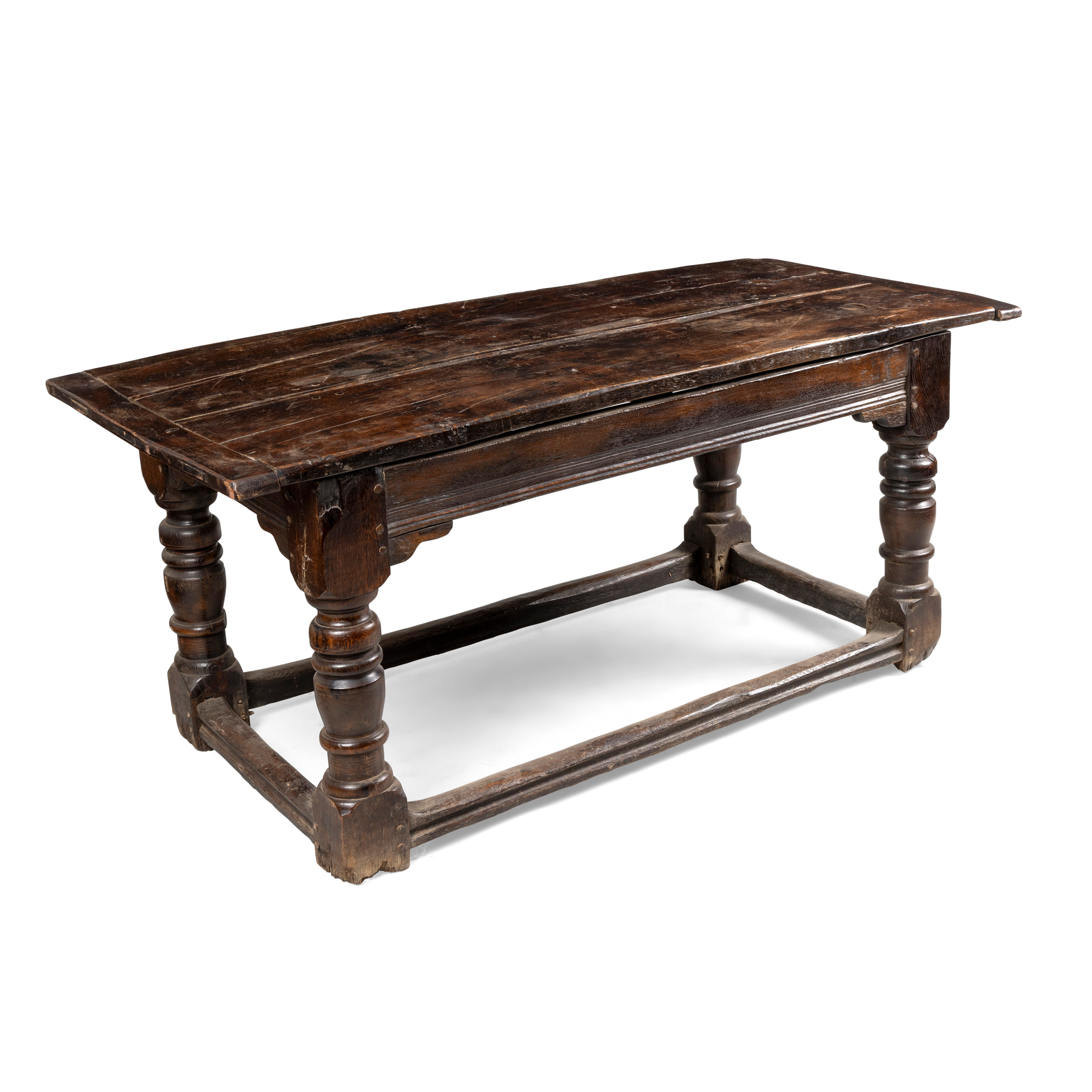 AN OAK PLANK TOP REFECTORY TYPE TABLE