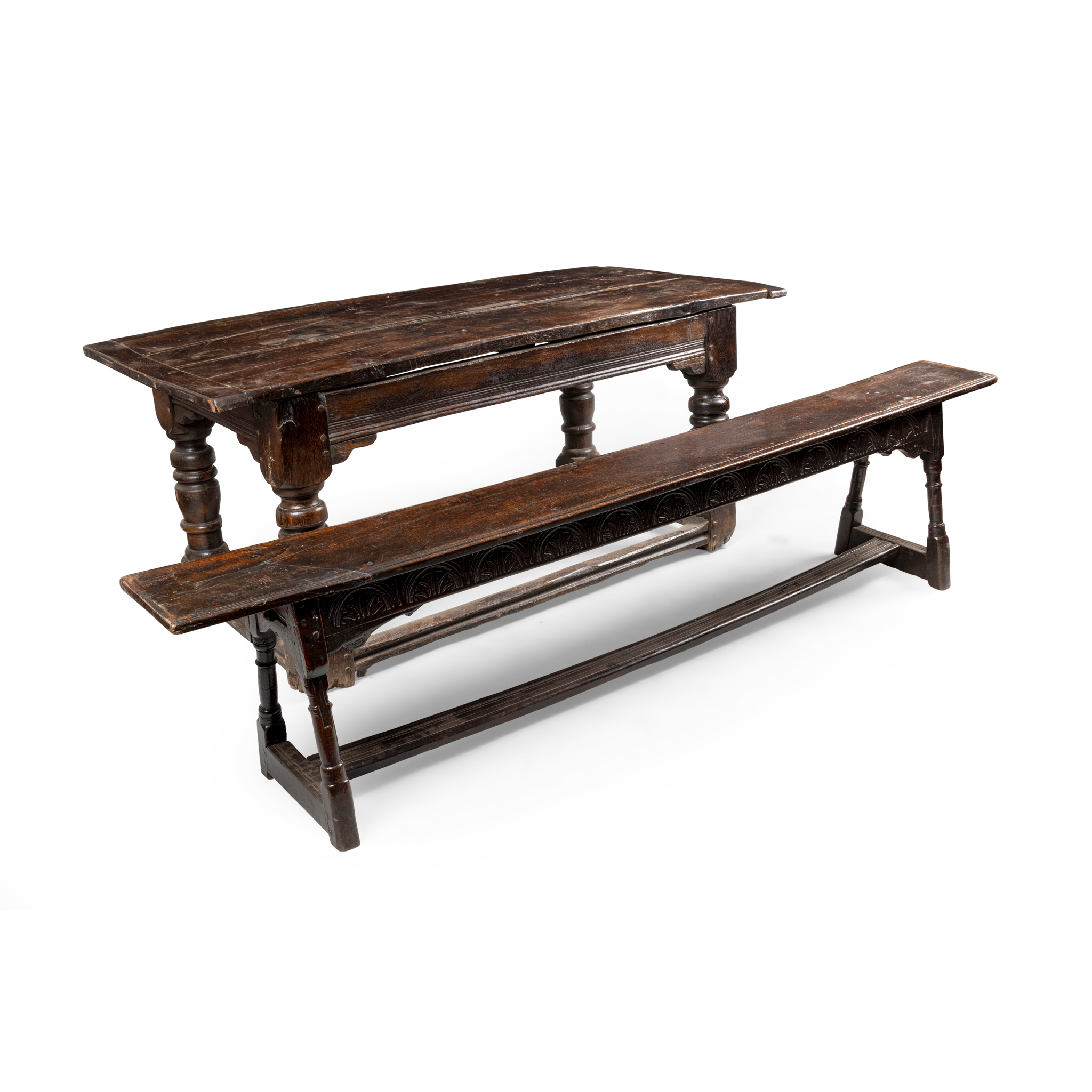 AN OAK PLANK TOP REFECTORY TYPE TABLE