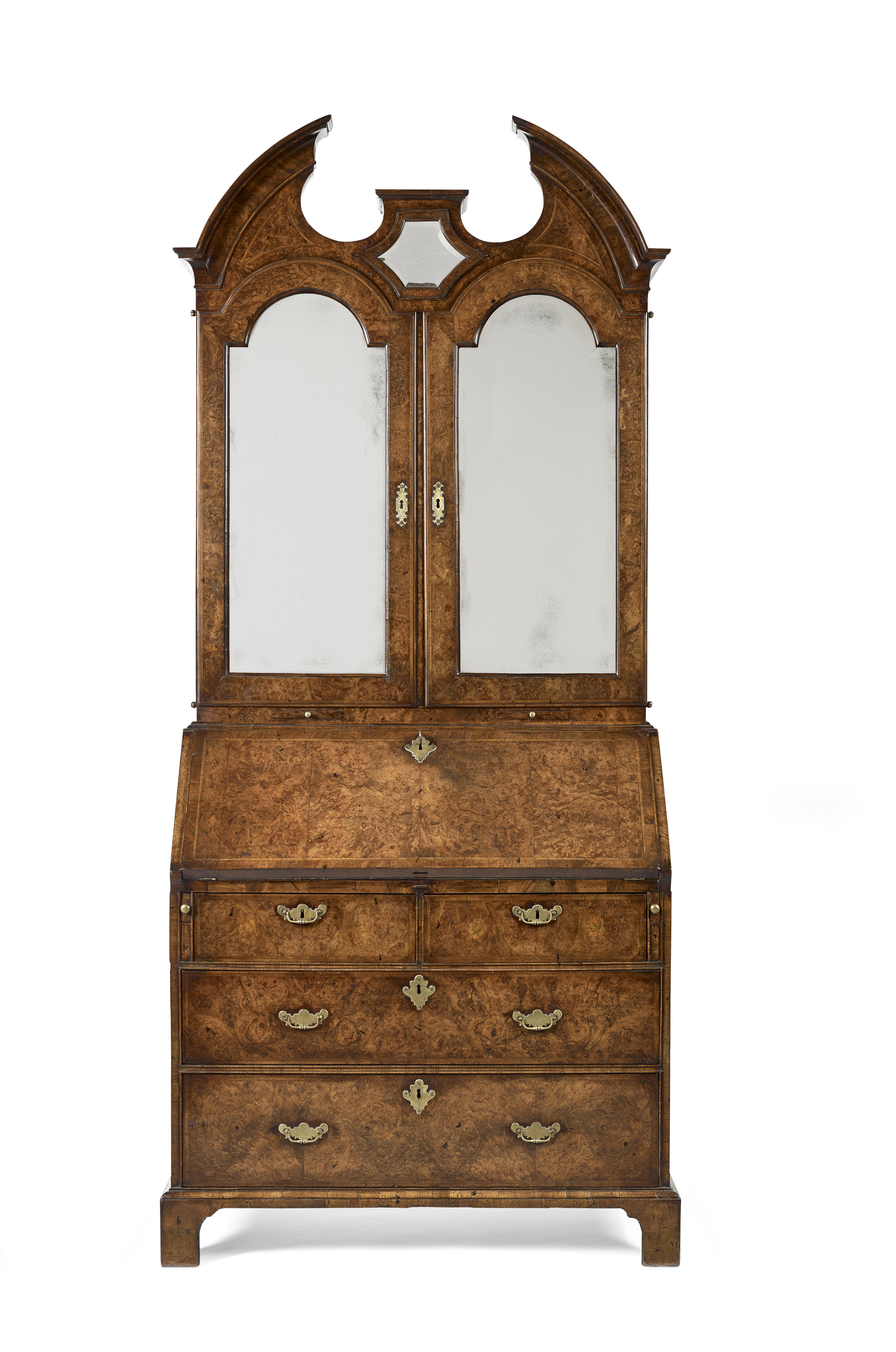GOOD QUEEN ANNE BURR WALNUT AND INLAY BUREAU BOOKCASE